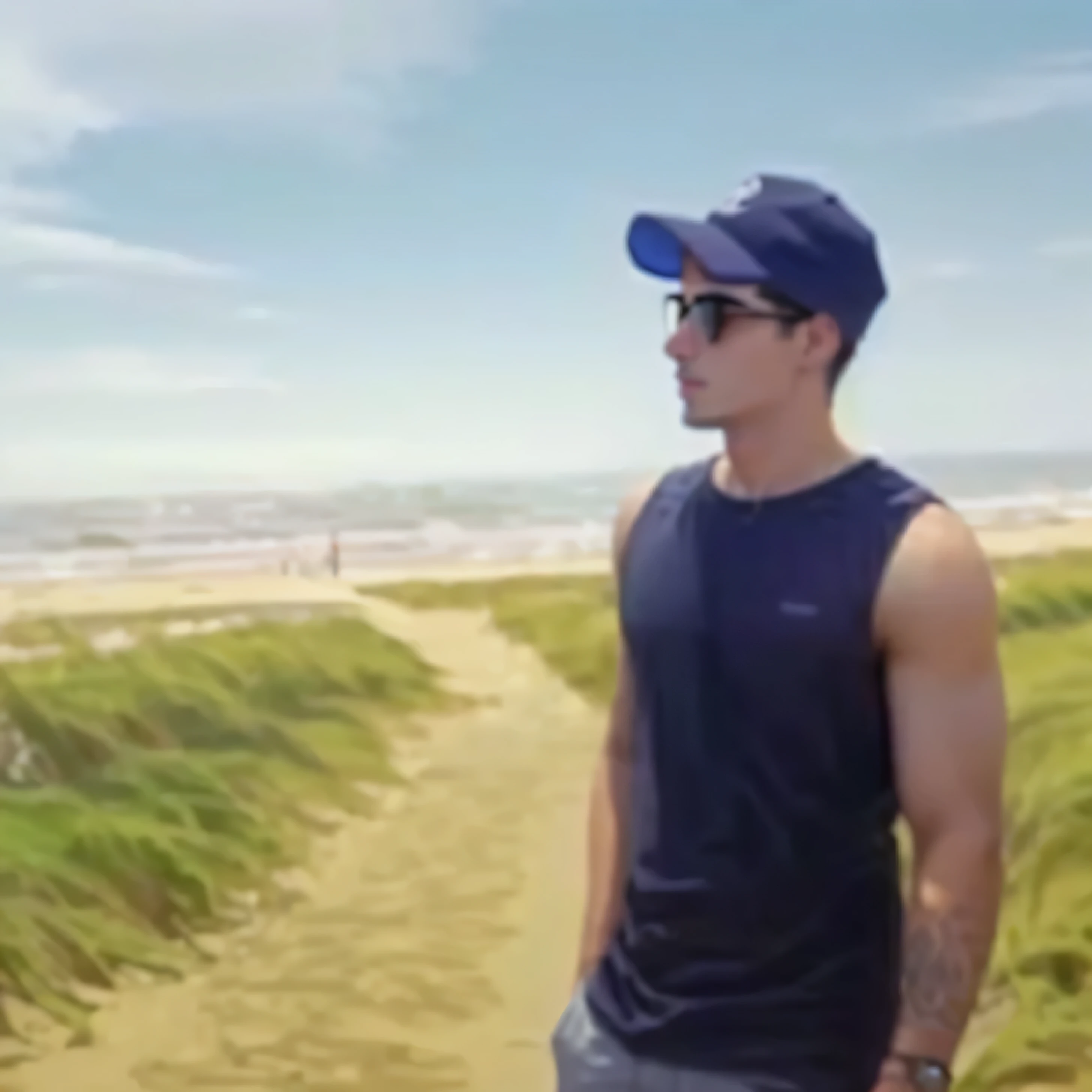 there is a man standing on a path near the beach, mateus 9 5, instagram picture, foto realista, beach, postprocessed), on beach, at a beach, andreas, nick silva, sachucci 9 5, mateo dineen, inspired by Amir Zand, riyahd cassiem, michal, profile picture 1024px