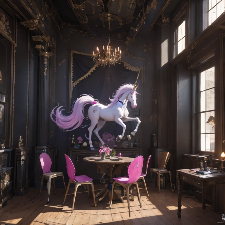 there is a unicorn with a long mane and a pink dress, white unicorn, unicorn, a unicorn, 8k high quality detailed art, 4 k detail fantasy, 4k fantasy art, detailed digital anime art, trending on artstation pixiv, 2. 5 d cgi anime fantasy artwork, anime fantasy artwork, by Yang J, 4 k manga wallpaper,room with a table and chairs in it, rendered in unreal 5, rendered in unreal engine 5, render in unreal engine 5, unreal 5 engine render, unreal 5 engine highlly render, created in unreal engine 5, cinematic render unreal engine, rendered in unreal engine 4k hq, detailed unreal engine 5 render, rendered in unreal engine 4 k hq