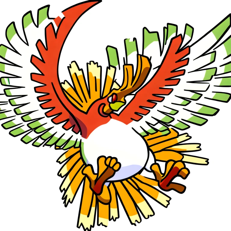 (masterpiece, best quality:1.2),solo,ho-oh \(pokemon\),pokemon \(creature\),full body,no humans,red eyes,bird,beak,feathered wings,flying