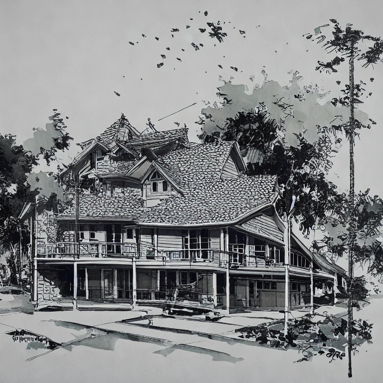 (masterpiece, best quality:1.2), KTHOUSE Style - Ink, monochrome, 1 picture about 1 slope roof house