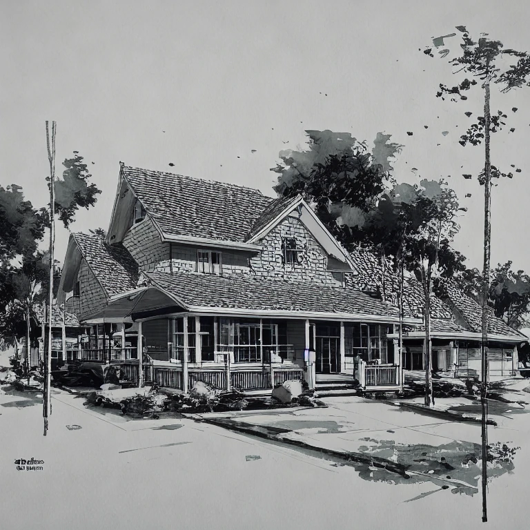 (masterpiece, best quality:1.2), KTHOUSE Style - Ink, monochrome, 1 picture about 1 slope roof house 