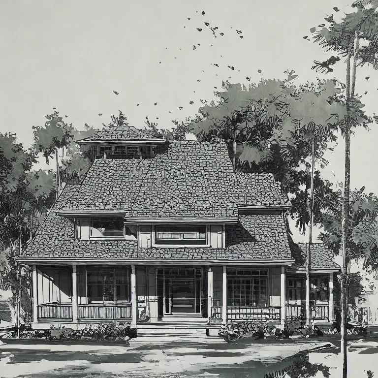 (masterpiece, best quality:1.2), KTHOUSE Style - Ink, monochrome, 1 picture about 1 slope roof house 
