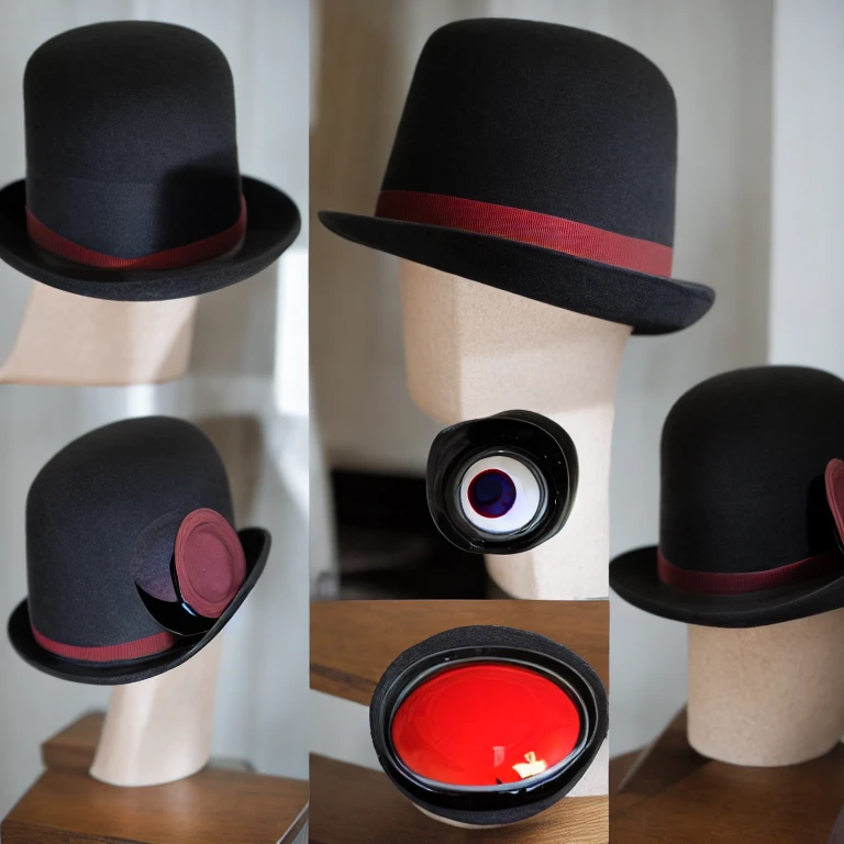 masterpiece, black bowler hat with a robotic red eye on the front, solo
