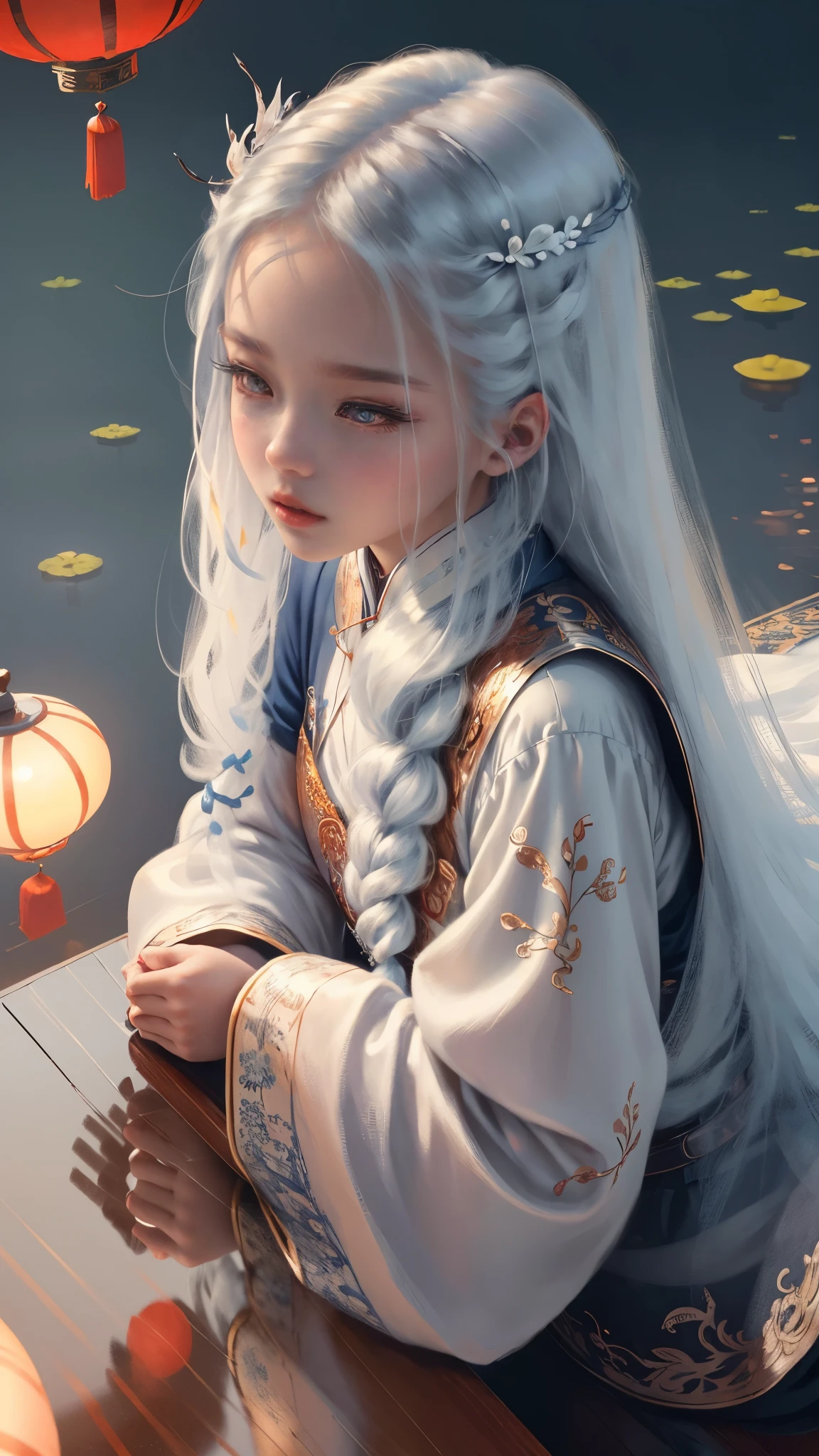 ((best quality)), ((masterpiece)), ((Extremely detailed)), (illustration), (Detailed lighting), (Extremely delicate and beautiful),Charming young girl,Long white hair,Blue sky,(Chinese Garden),Silky