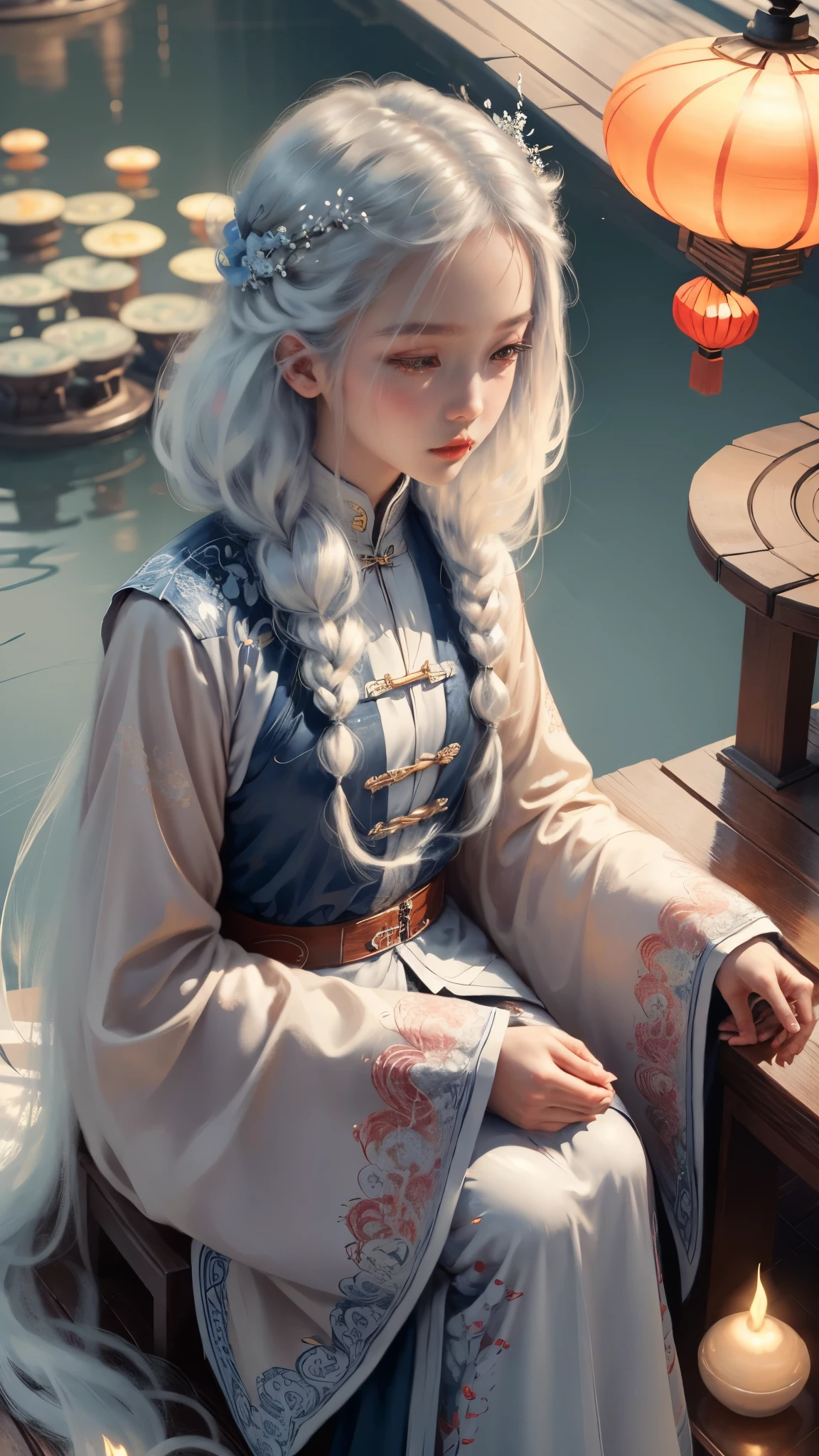 ((best quality)), ((masterpiece)), ((Extremely detailed)), (illustration), (Detailed lighting), (Extremely delicate and beautiful),Charming young girl,Long white hair,Blue sky,(Chinese Garden),Silky