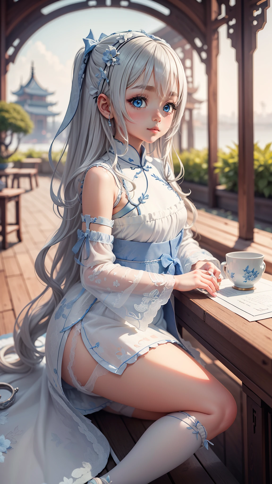 ((best quality)), ((masterpiece)), ((Very detailed)), (illustration), (Detailed lighting), (extremely delicate and beautiful),Charming young girl,Long white hair,Blue sky,(Chinese Garden),Silky