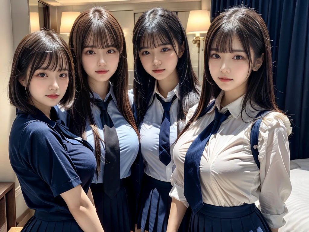 (8K, Raw photography, top-quality, masterpiece:1.2), ((3 beatiful girls))、.(Realistic Skins 1.4)、(((female high-school student、School Uniforms、)))、{{(The background is a luxury hotel room}}((School Uniforms、white Cutter shirt、darkblue pleatedskirt))、((long hair))、((One has short hair)),(A dark-haired、The forehead is hidden by bangs、)、Black eyes、shinny skin.Beautiful delicate face、Beautiful delicate eyes、{Voluptuous body shape、Thicker thighs}、One piercing in each ear,((large breasts)), ((navy blue tie)) ,looking at camera, ((close up))