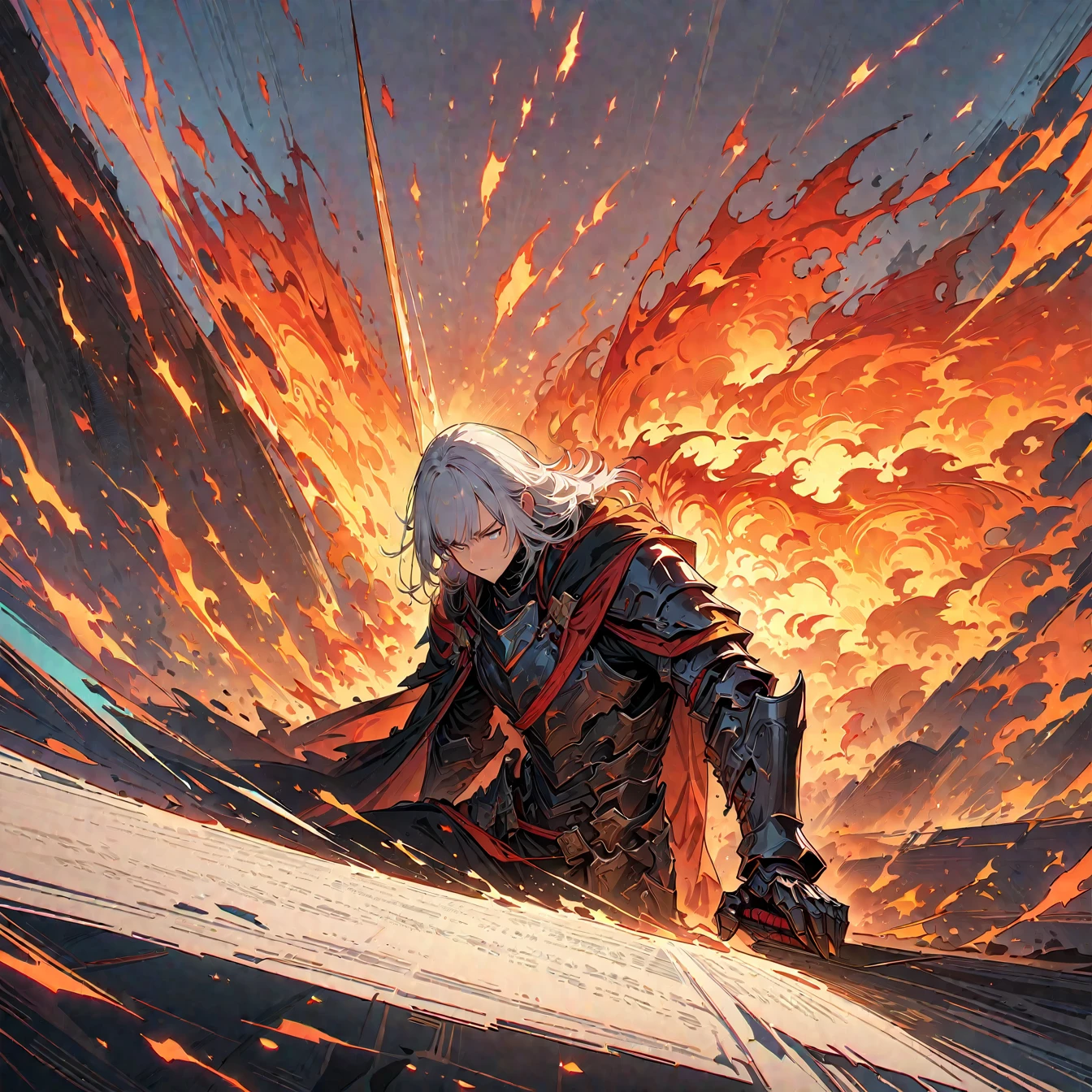 ((Ultra-fine illustrations, 8k, masterpiece :1.2, Sharp focus :1.2, Depth of written boundary:1.2)), Beautiful Swordsman, Disorganized, Highly detailed face and skin texture, Silver Hair, Jet Black Armor, Flame Armor, Cloak on Fire, Flaming Sword, Wings of Fire, Determination to overcome sadness, There&#39;s a sign of determination in your gentle eyes , Strong Soul