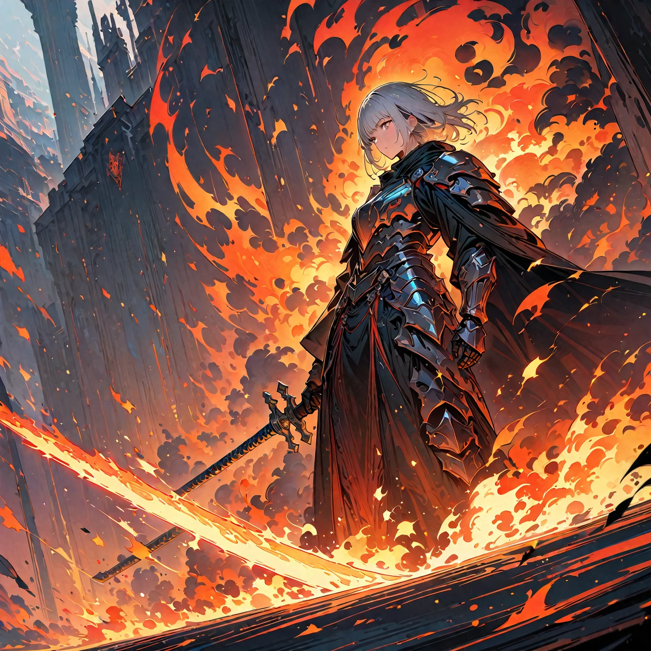 ((Ultra-fine illustrations, 8k, masterpiece :1.2, Sharp focus :1.2, Depth of written boundary:1.2)), Beautiful Swordsman, Disorganized, Highly detailed face and skin texture, Silver Hair, Jet Black Armor, Flame Armor, Cloak on Fire, Flaming Sword, Wings of Fire, Determination to overcome sadness, There&#39;s a sign of determination in your gentle eyes , Strong Soul