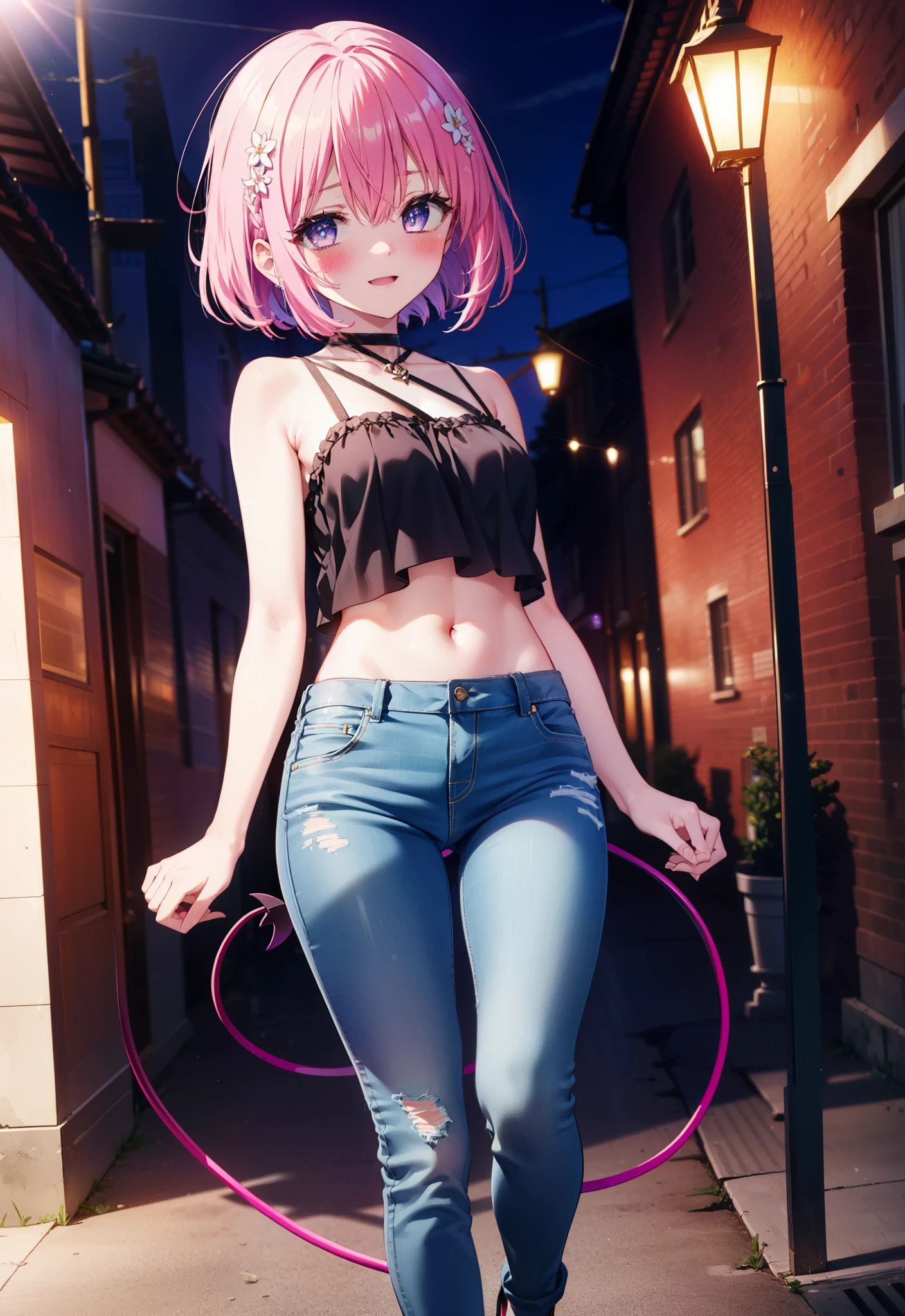 Momodebilke, A type of Deviluke, demon tail, Hair Flowers, hair ornaments, (Purple eyes:1.1), Pink Hair, short hair, tail, blush,happy smile, smile, Open your mouth,
break demon tail, Cordo shoulder top,Skinny jeans,Stiletto heels,morning,morning陽,The sun is rising,Walking,whole bodyがイラストに入るように, break outdoors, 公園 break looking at viewer, whole body, break (masterpiece:1.2), highest quality, High resolution, unity 8k wallpaper, (figure:0.8), (beautiful detailed eyes:1.6), extremely detailed face, Perfect lighting, extremely detailed CG, (Perfect hands, Perfect Anatomy),