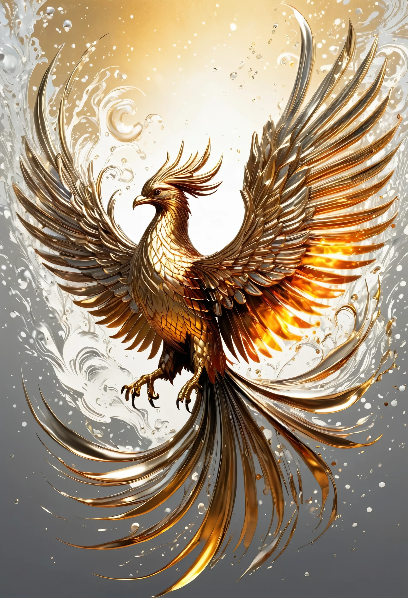 Digital artwork using a liquid metal technique, portraying a phoenix in mid-flight, where the silver texture flows and melds, capturing the sun's reflections and creating a sense of fluidity and rebirth