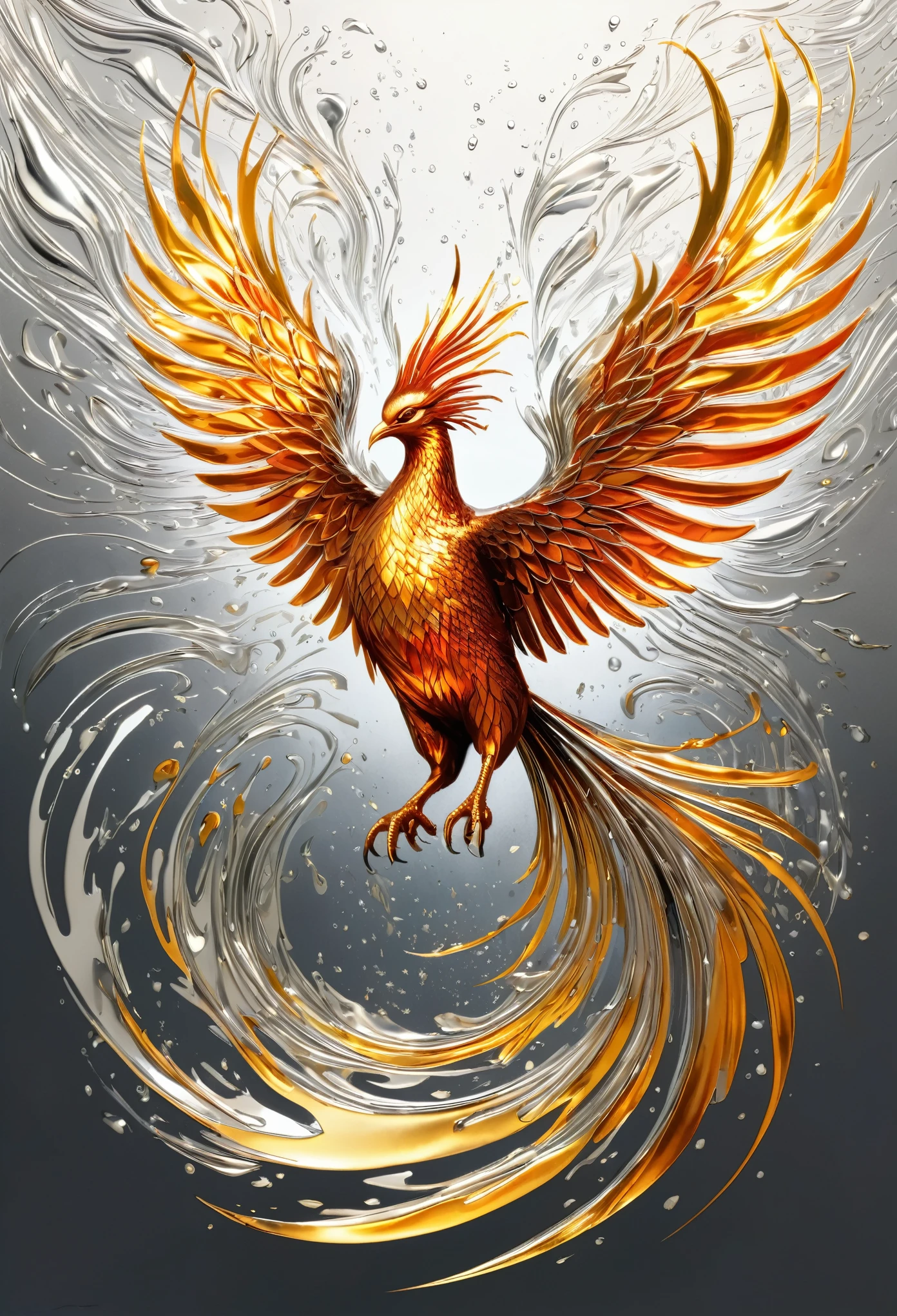 Digital artwork using a liquid metal technique, portraying a phoenix in mid-flight, where the silver texture flows and melds, capturing the sun's reflections and creating a sense of fluidity and rebirth