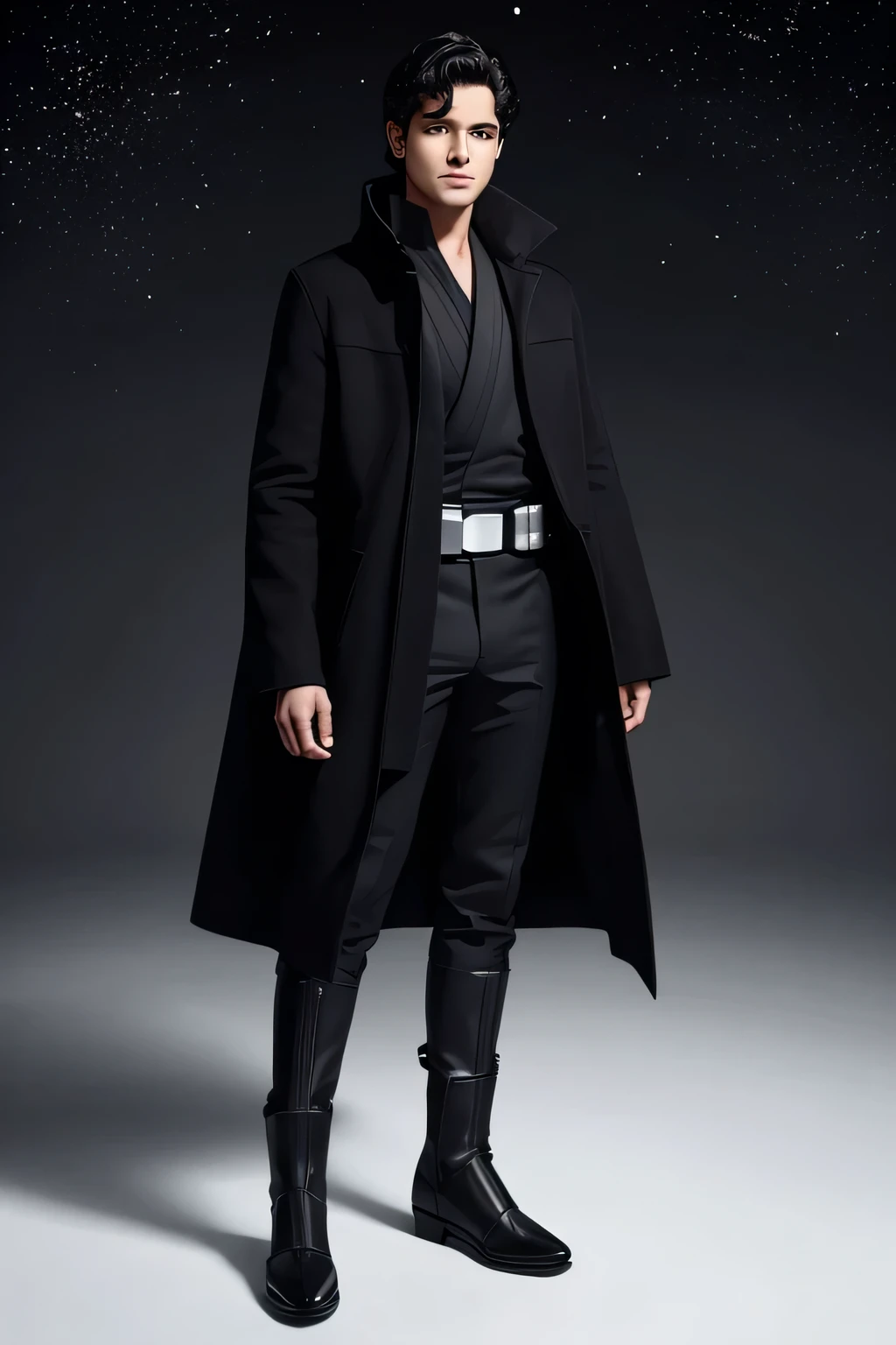 homem jovem pardo, belos olhos, sobrancelha raivosa, 1,91 metros de altura, black coat and pants, boots on feet, medium black hair combed back. (Star Wars) (Empty Background) (beautiful hands)