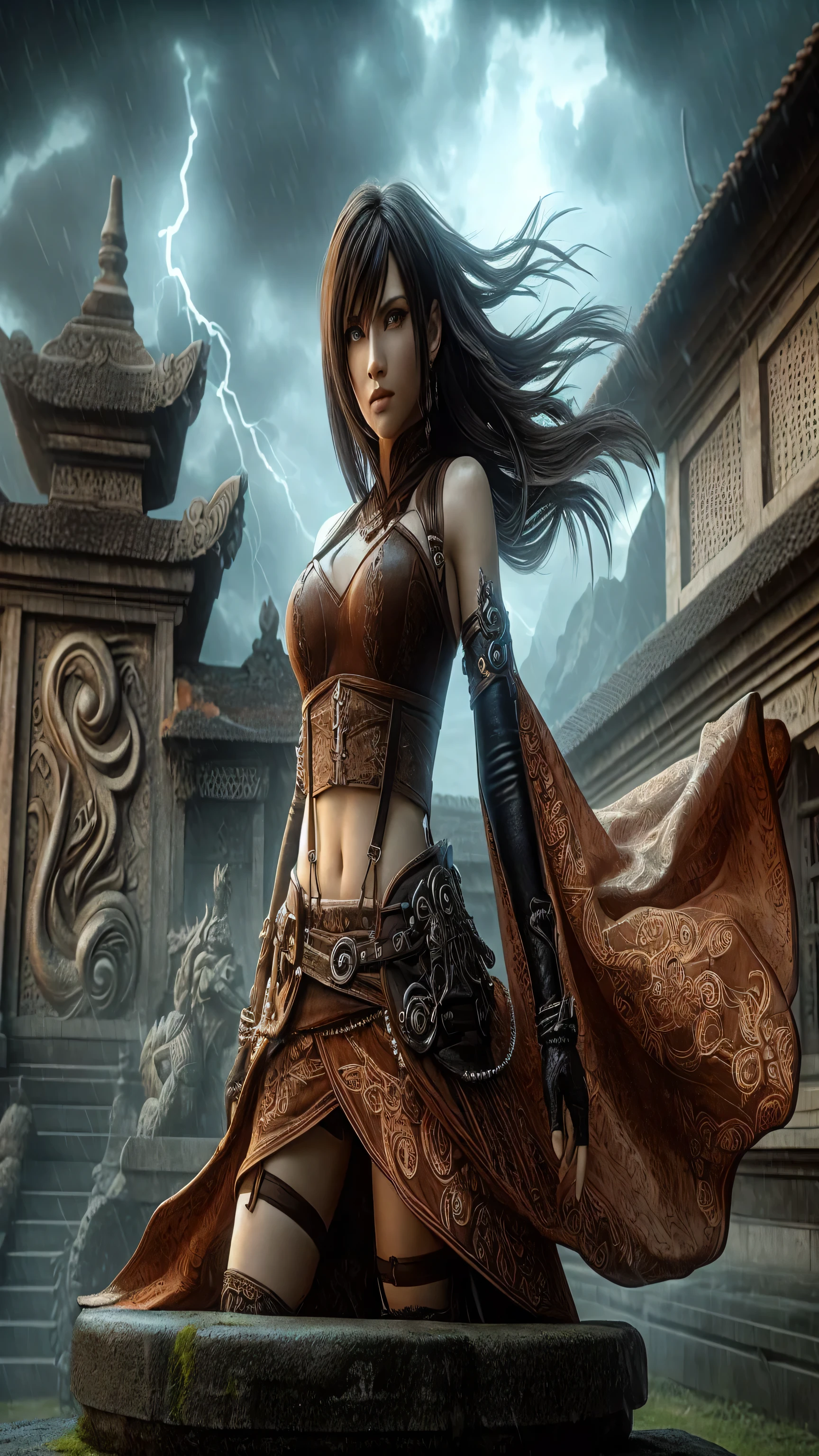 best quality, masterpiece:1.2), ultra high res, realistic, front lighting, intricate detail, Exquisite details and textures, 1girl, solo, face highlight, upper body, detailed face, ponytail, looking at viewer, Mmasterpiece, {extremely detailed CG unity 8k wallpaper}, Amazing, finely detail, solo, detailed background, beautiful detailed eyes, cleavage, bright pupils, {{full body}, }, dynamic pose, looking at viewer, detailed clothes, cinematic lighting, close-up, best quality, Masterpiece quality, best quality, high_quality, high_resolution, masterpiece*portait, whitespace, colorful, 1girl, solo, black_hair, prism hair, realistic eyes, realistic eyes, full_body, realistic hand, realistic finger, good finger, real texture, real image, serious, masterpiece realistic