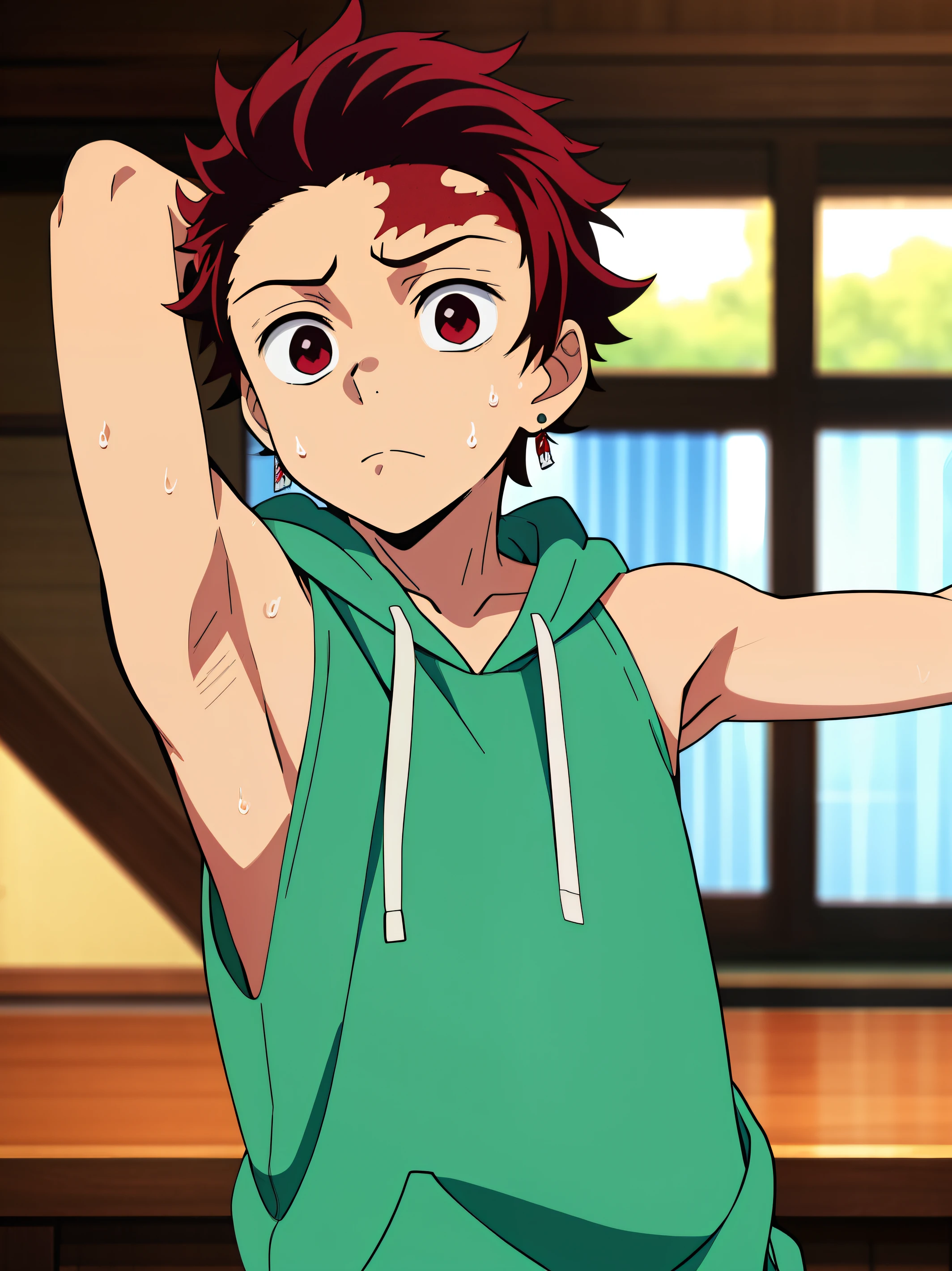 Highres, Masterpiece, Best quality at best,Best Quality,hight quality, hight detailed, 1boy, Tanjirou, scar, Red hair, Earring, Shota, Sleeveless hoodie, Sweat, Slim body, Upper body, Depth of field, (Showing armpit:1.3), Seen from front, (very small and short stature), (very young boy), 12-year-old boys, Blurry beckground