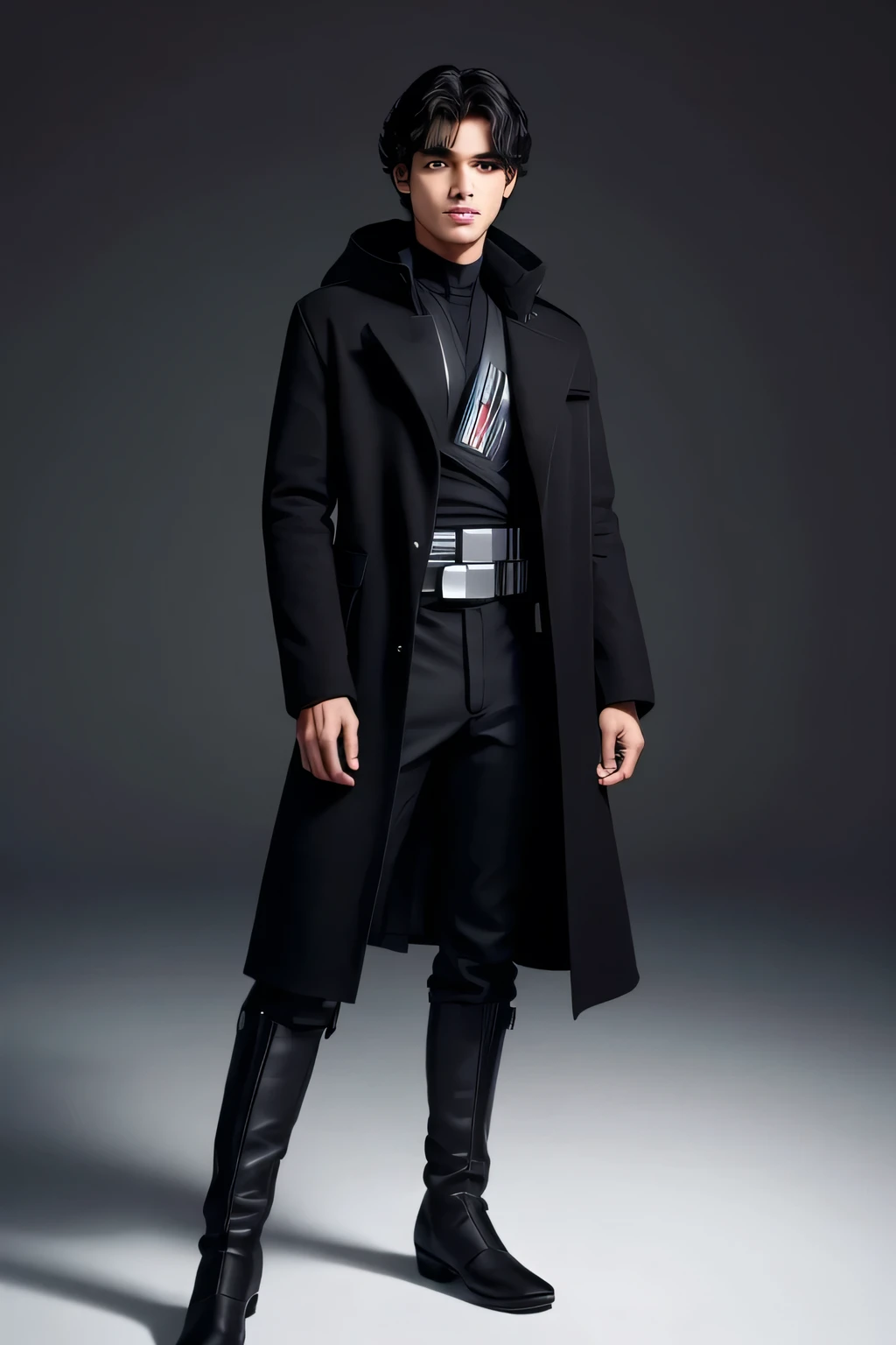 homem jovem pardo, belos olhos, sobrancelha raivosa, 1,91 metros de altura, black coat and pants, boots on feet, medium black hair combed back. (Star Wars) (Empty Background) (beautiful hands) (beautiful eyes)