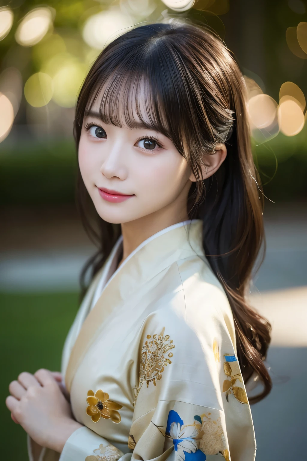 （kimono）、(highest quality、8k、High resolution、masterpiece:1.2)、Very detailed、(Realistic、photoRealistic、photo-Realistic:1.3)、Bokeh、Portraiture、smile、(Beautiful and detailed eyes、beautiful girl、Young face、Detailed face、No makeup)、A little backlight、Depth of written boundary、chromatic aberration、Use natural light and color、Wide range of lighting、Natural Shading、Caustics