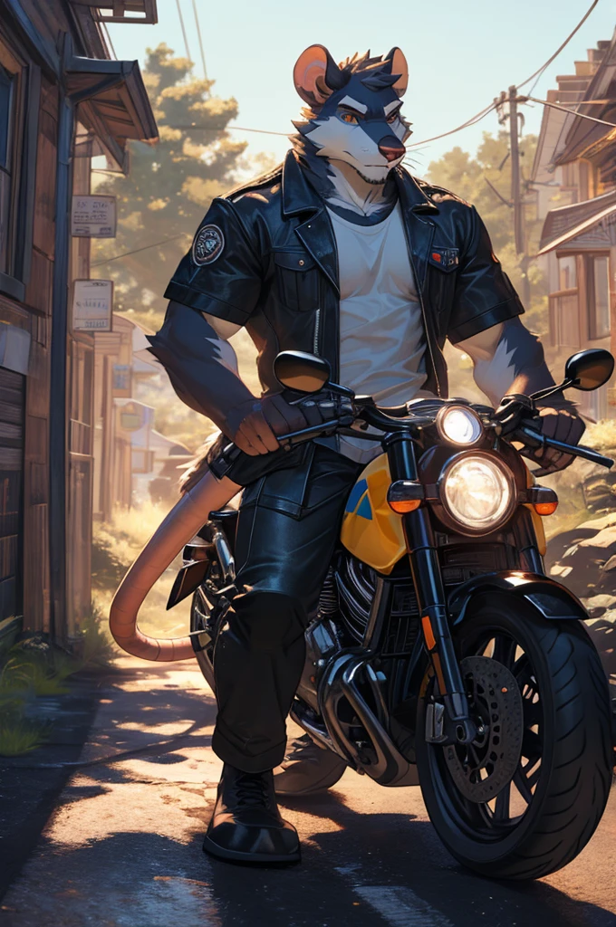 handsome male, rat, tall slinky muscular build, light silver long messy fringe, ((best quality)), ((masterpiece)), (detailed), perfect face, silver fur, gold eyes, detailed eyes , large baggy white t-shirt, mysterious, black shorts, black sports motorcycle, riding motorcycle, dimly lit country road far away from civilisation, road is surround by trees and greenery,