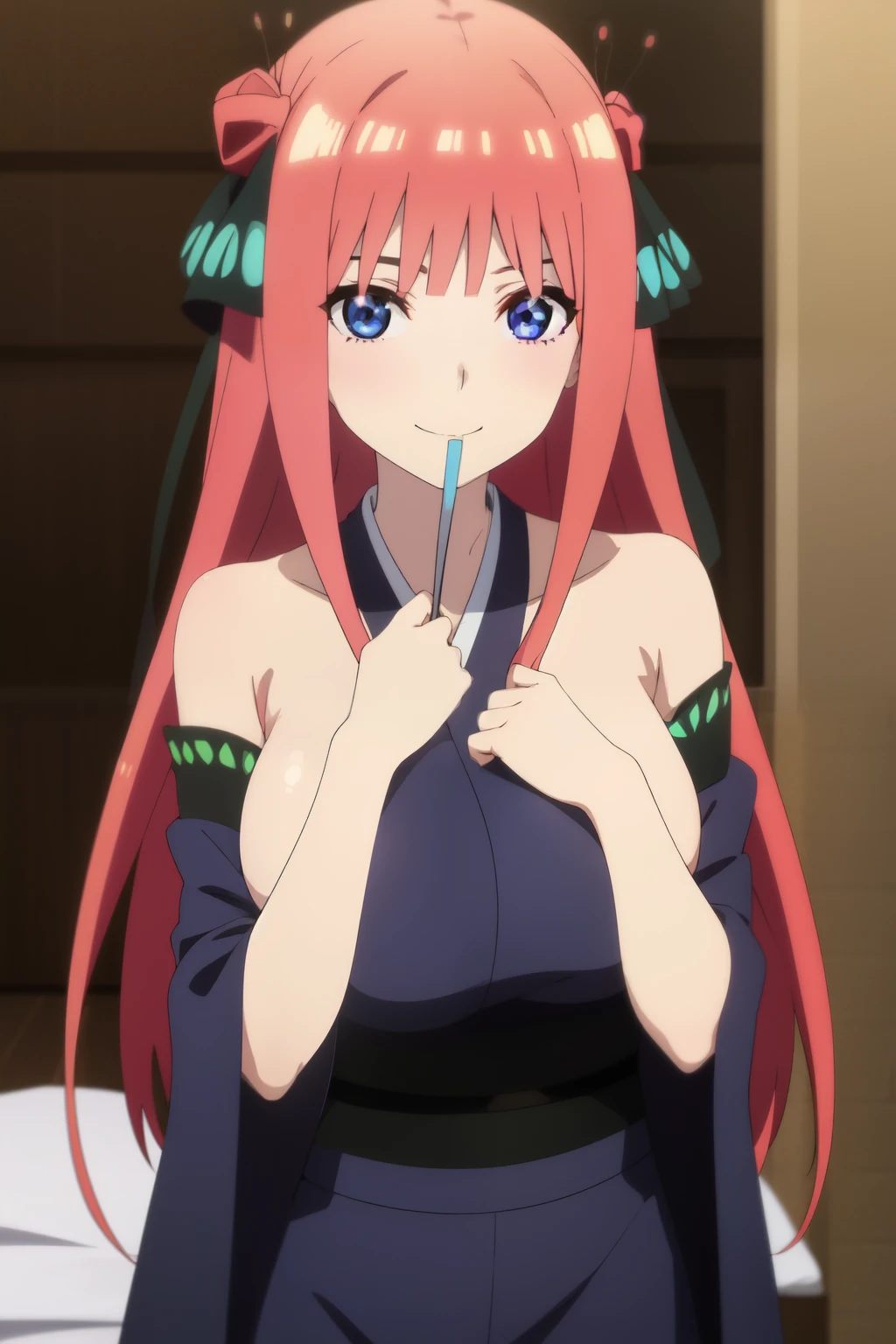 Anime background art, bottom of room, one bed, standing, beautiful anime scenes, 4K anime art wallpaper, 4k anime art wallpaper, Rosla global illumination, anime girl, 1 girl, LORA similar, best quality, detailed, alone, looking at the viewer, mouth closed, smile, long hair, definition in the eye, perfect face, perfect face, perfect hair, pink hair, hair accessory, twin butterfly-shaped ribbons on both sides of her head, blue eyes, kimono costume, big tits.