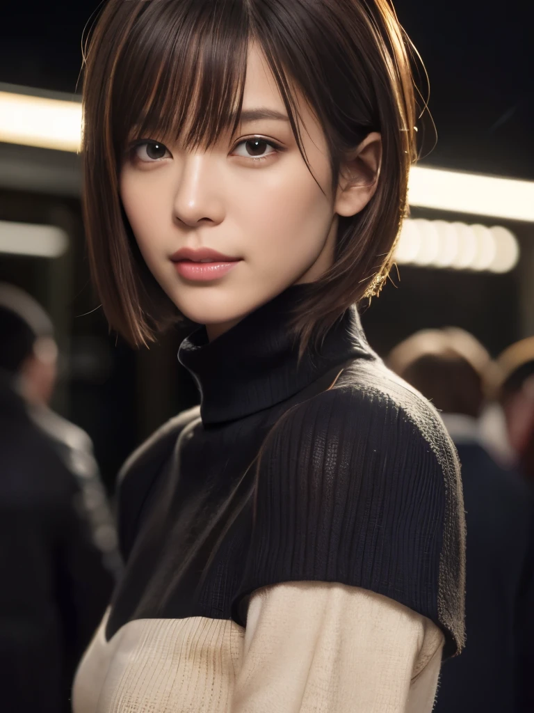 Product quality, 1 adult female, Cowboy Shot, Front view, Japan Female, 40 years old, Long Bob Hair, At night, Wearing a black turtleneck knit sweater, Wear a skirt, Very nice face, Glossy lips, Double eyelids on both eyes, Natural Makeup, shiny smooth light brown hair of Long Bob Hair, Asymmetrical bangs, Center image, 8K resolution, High detail, Detailed hairstyle, Detailed face, Cinema Lighting, Octane Rendering, Ultra-realistic, Perfect limbs, Perfect Anatomy
