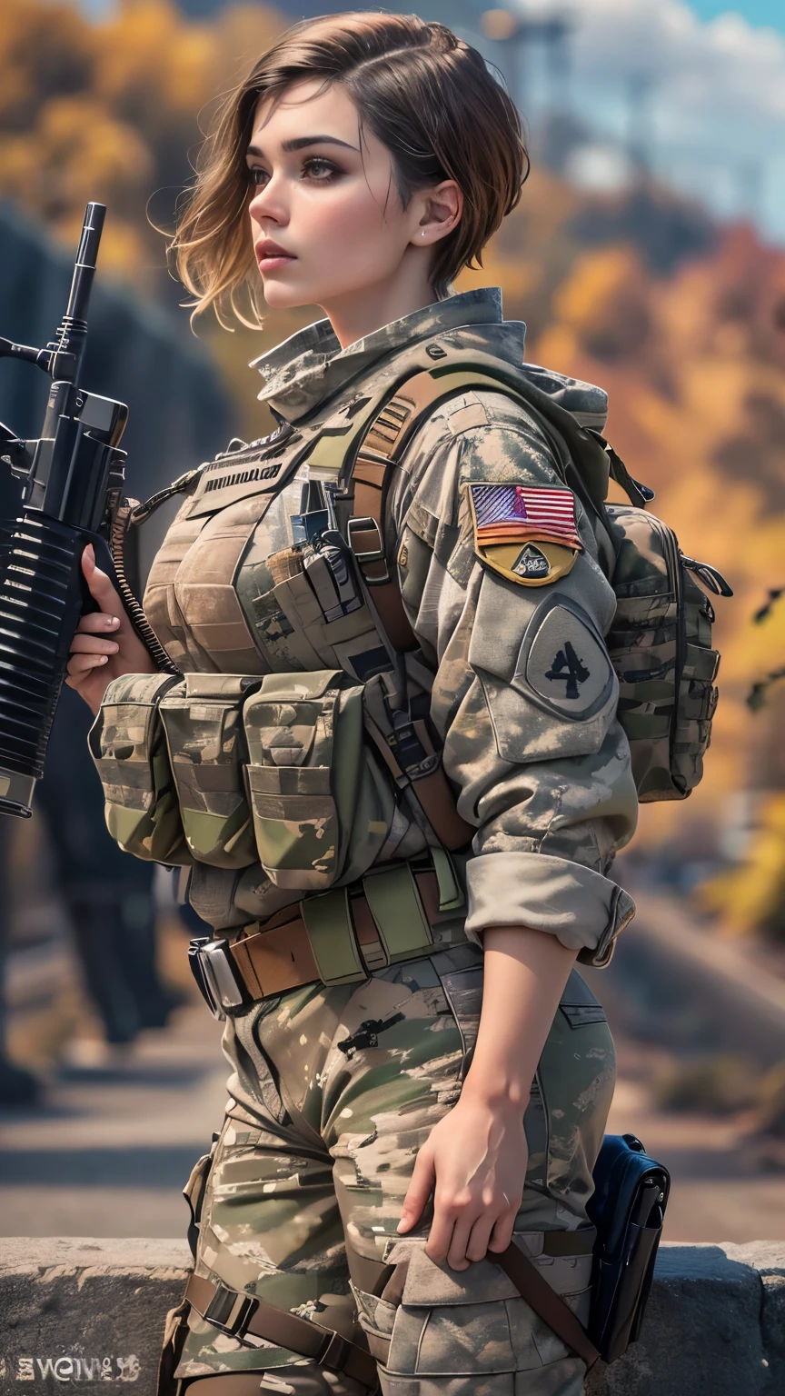 (highest quality, 8K, 32k, masterpiece, UHD:1.2), (realistic:1.5), (masterpiece, Highly detailed CG Unity 8K wallpaper, highest quality, High resolution:1.2), (Super detailed, UHD:1.2), Photo of extremely beautiful woman, ,(Short hair:1.2), beret, adult, (detailed beautiful woman:1.4), highest quality, woman, adult, (Detailed US Army Uniform:1.5), (Army and Rifle:1.3), (Combat Attire)