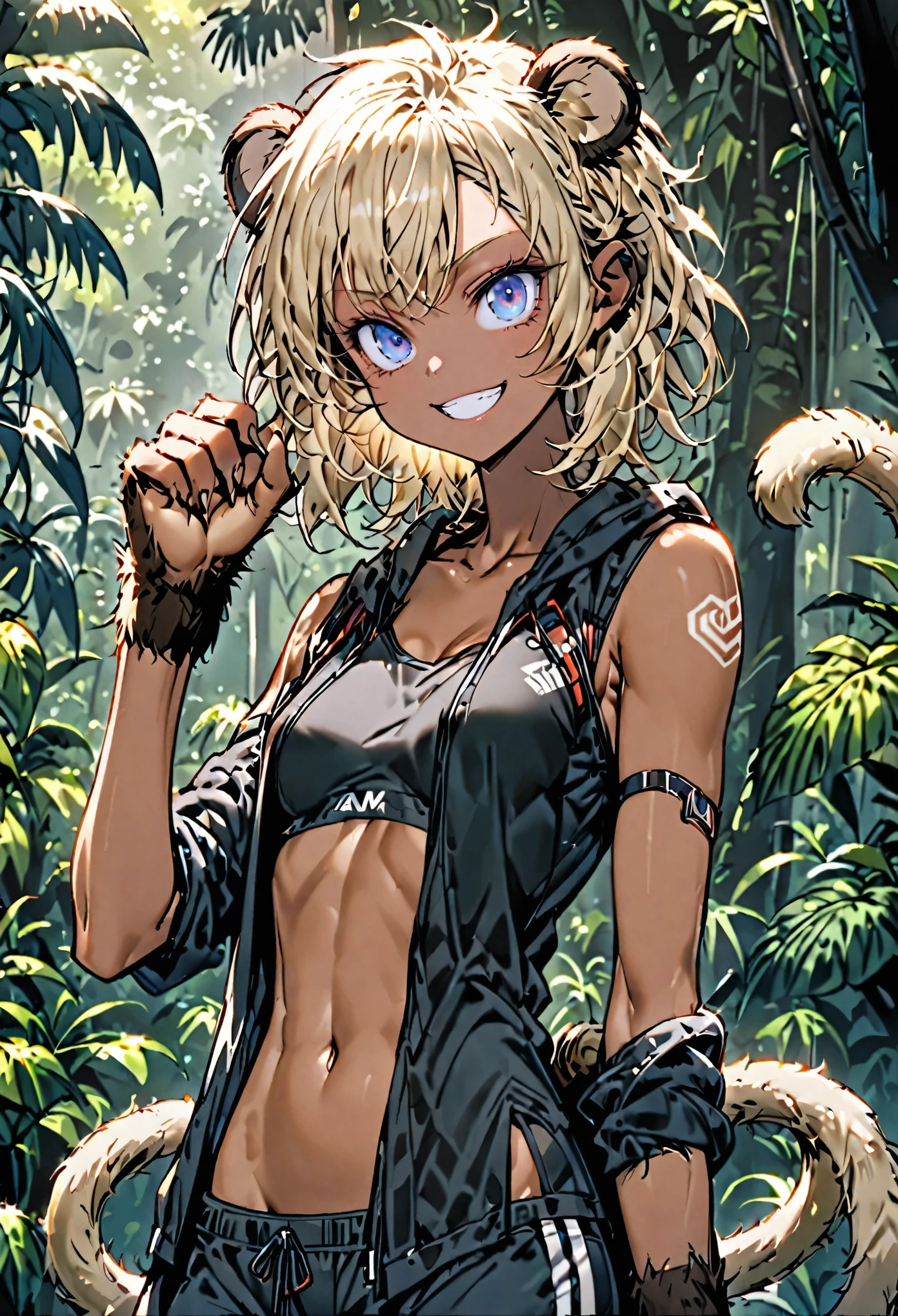 solo, female, sfw, medium shot, very short hair, messy hair, thick hair, light blonde hair, blue eyes, monkey ears, monkey tail, monkey hand, very slim, athletic, small breasts, tan skin, wild clothes, jungle, wide smile, fur on arms, abs
