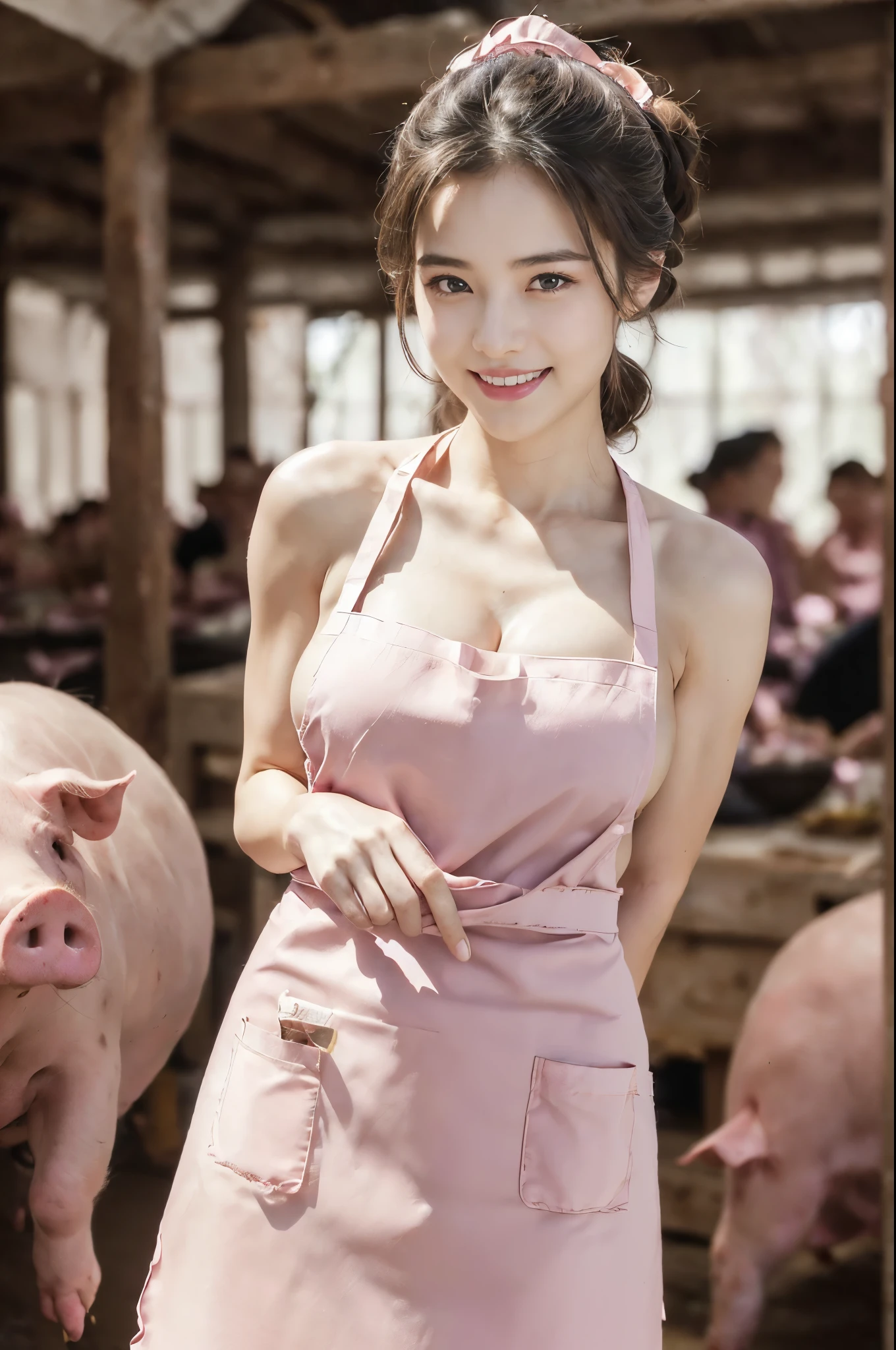 (Extremely meticulous CG),(((8k))),wallpaper,((Extremely refined and beautiful)),(((Masterpiece))),(((best qualtiy))),(((Ultra High Resolution))),beautiful light up,realistic shaded,(Smooth and flawless fair skin:1.5),(Extremely exquisite facial details:1.2),(ultra-detailed:1.5),((a beautiful girl,solo)),(short ponytail:1.2),(small head:1.2),(slender face:1.2),(Exquisite makeup:1.3),(happy:1.2),(laughing:1.2),(perfect body:1.1),(maxi torn pink apron:1.5),(small breasts:1.2),(flat chest:1.2),(cleavage:1.3),((slim,thin)),(from front:1.3),(standing:1.3),(in the pigsty full of huge fat pigs:1.3),(indoor:1.2),(early summer:1.3),(day scene:1.5),(dim light:1.3),(Surrounded by crowded pig herds:1.5),(upper body:1.3),(detailed background:1.5)