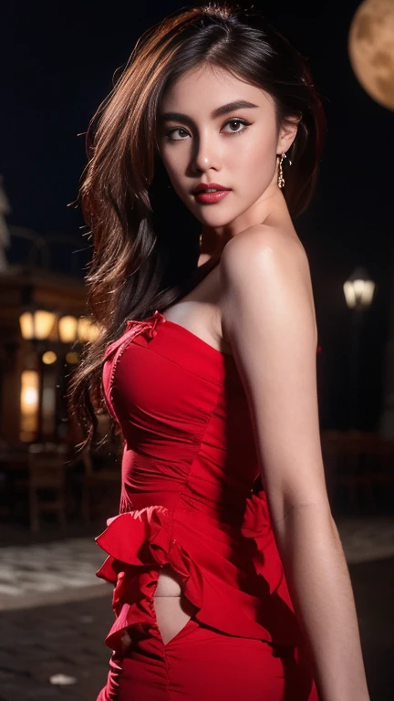 masterpiece, best quality,, sexy women, (colorful),(finely detailed beautiful eyes and detailed face),cinematic lighting,bust shot,extremely detailed CG unity 8k wallpaper,wavy hair,solo,angry face,red dress,((flying petal)), sky, cloudy_sky, building, moonlight, moon, night, (dark theme:1.3), light, fantasy,