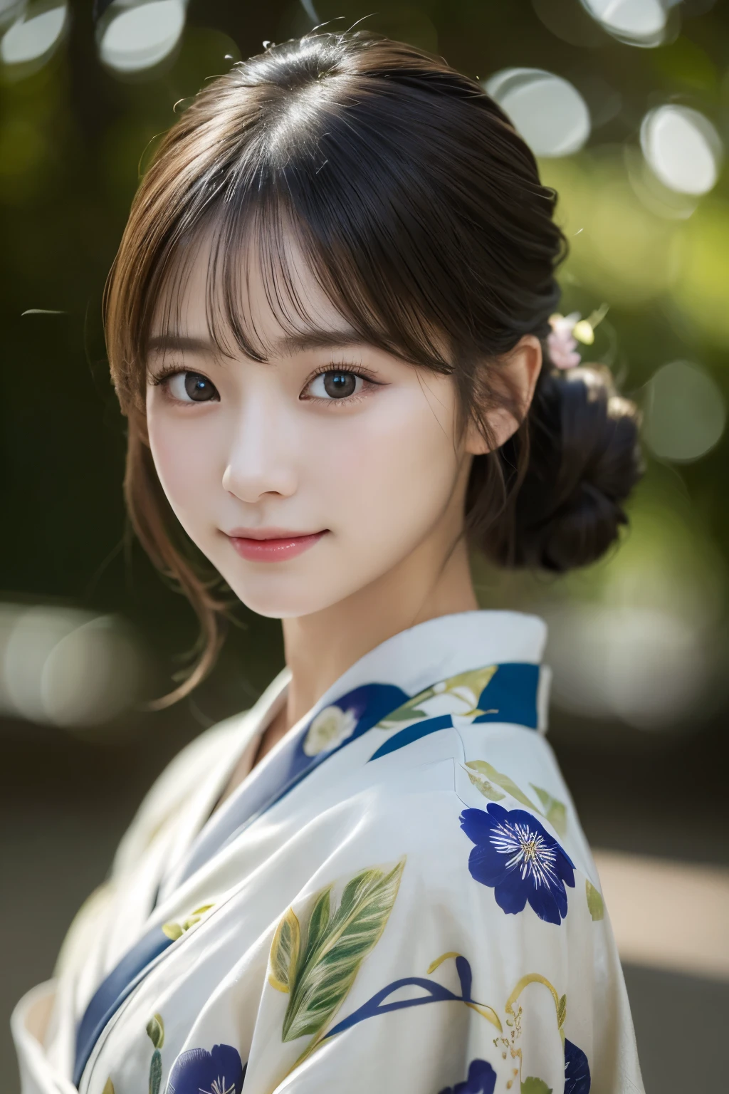 （kimono）、(highest quality、8k、High resolution、masterpiece:1.2)、Very detailed、(Realistic、photoRealistic、photo-Realistic:1.3)、Bokeh、Portraiture、smile、(Beautiful and detailed eyes、beautiful girl、Young face、Detailed face、No makeup)、A little backlight、Depth of written boundary、chromatic aberration、Use natural light and color、Wide range of lighting、Natural Shading、Caustics