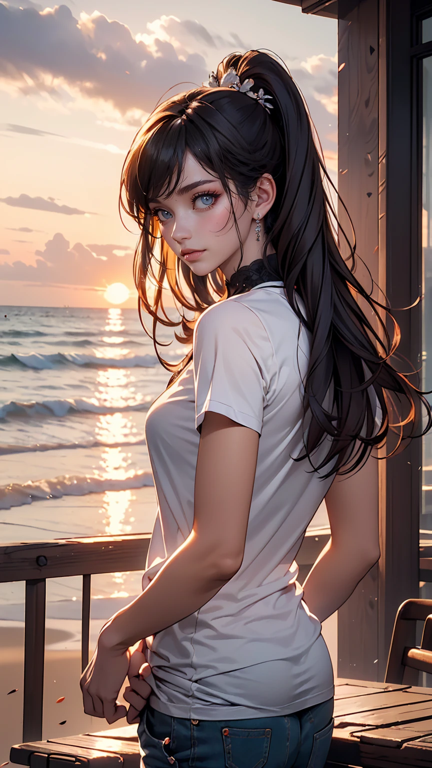 (8k, RAW photograph, highest quality, masterpiece:1.3),(Genuine,photograph:1.37),(Looking at the audience:1.331),(Black Hair),Pause,Beachfront,Morning view,sunrise,sunny,One girl,Very beautiful face,small,Hands down,Pony Hairstyle,Hair weight,Fluffy hair,Shoulder length,Straight hair,Random representation,Smile with the corners of your mouth,Big eyes,(T-Shirts,Round Collar,Short sleeve,Opaque color,Shirt color),(Wear pants),Mix 4,Hair accessories are not permitted,highest quality Hair