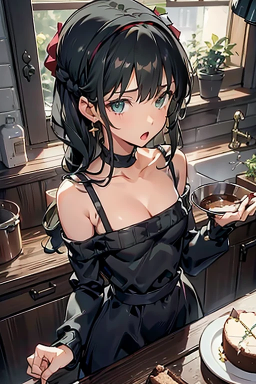 (small breasts:1.3), (perky chest:1.1), (pointed chest:1.0), (Pudding cake magazine cover:1.3)，(from above:1.0),(from side:0.9),masterpiece, 1girl, Amazing Cleavage:1.1, thin waist, big ass, Raised sexy, small breast: 1.3, posed cleavage:1.2、solo, looking at viewer, open mouth, have a cute grass of cute beergrass,black hair, dark green eyes, dress, bare shoulders, jewelry, collarbone, sidelocks, hairband, earrings, indoors, off shoulder, :o, sweater, arms behind back, plant, short hair with long locks, gild hairband, off-shoulder dress, sweater dress, off-shoulder sweater, red sweater, dark gord hair, big side hair, very long side hair,is rendered in (masterpiece: 1.2, best quality), with (ultra high resolution) and an exquisite (depth of field). This masterpiece is not only visually stunning but also tells,A scene of cooking in the kitchen by classroom 