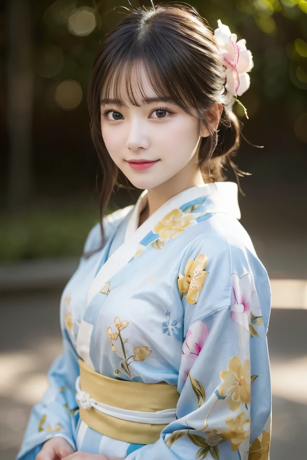 (kimono)、(highest quality、8k、High resolution、masterpiece:1.2)、Very detailed、(Realistic、photoRealistic、photo-Realistic:1.3)、Bokeh、Portraiture、smile、(Beautiful and detailed eyes、beautiful girl、Young face、Detailed face、No makeup)、A little backlight、Depth of written boundary、chromatic aberration、Use natural light and color、Wide range of lighting、Natural Shading、Caustics
