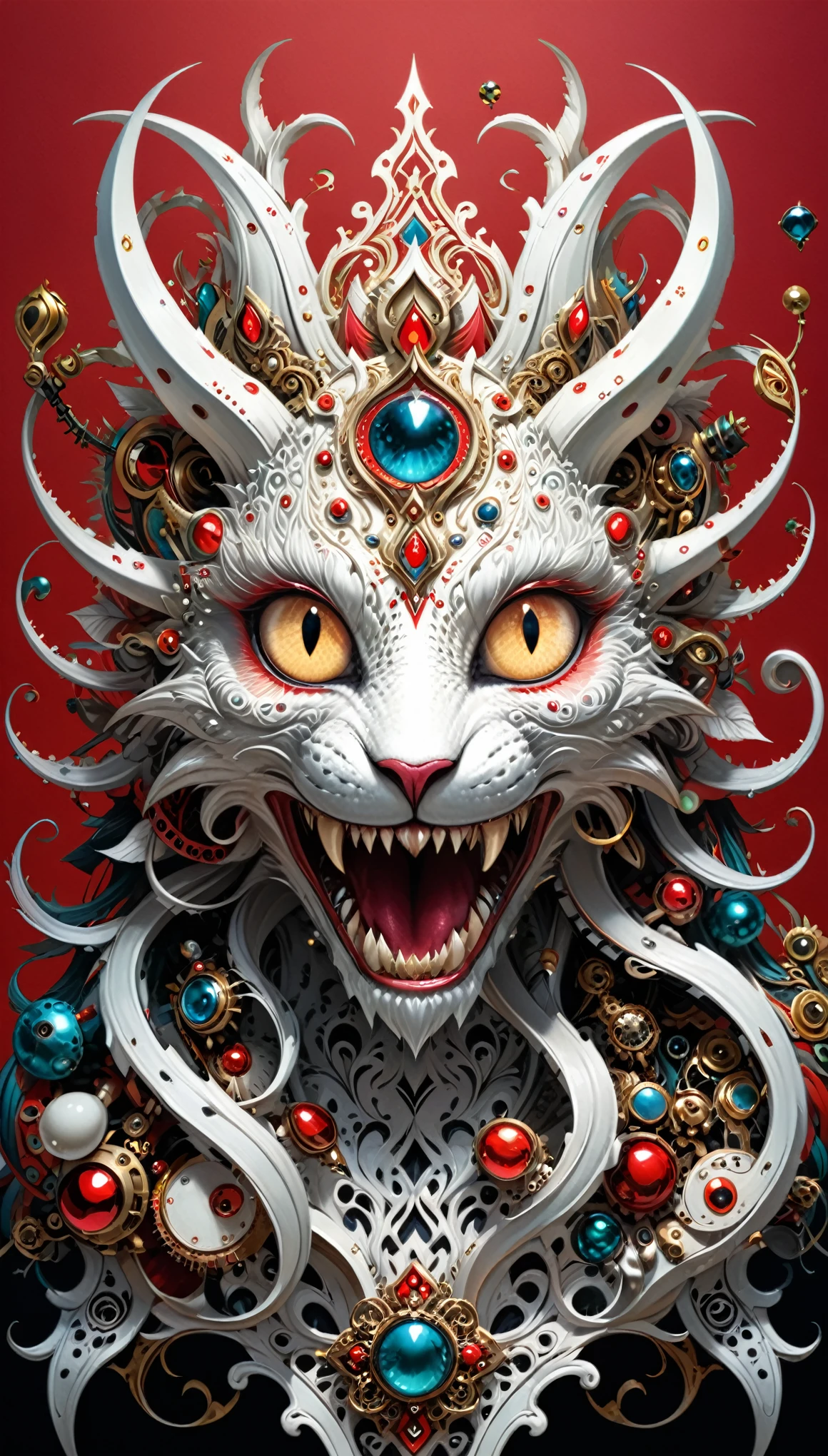 red and white checkered background,(best quality,4k,8k,highres,masterpiece:1.2),ultra-detailed,surrealist style,in style of Daniel Merriam,lovely style biopunk monster concept,character concept design,
BREAK
(full_shot:1.2),negative space composition,
 (insanely detailed and intricate, hypermaximalist, elegant, ornate, hyper realistic, super detailed:1.1)