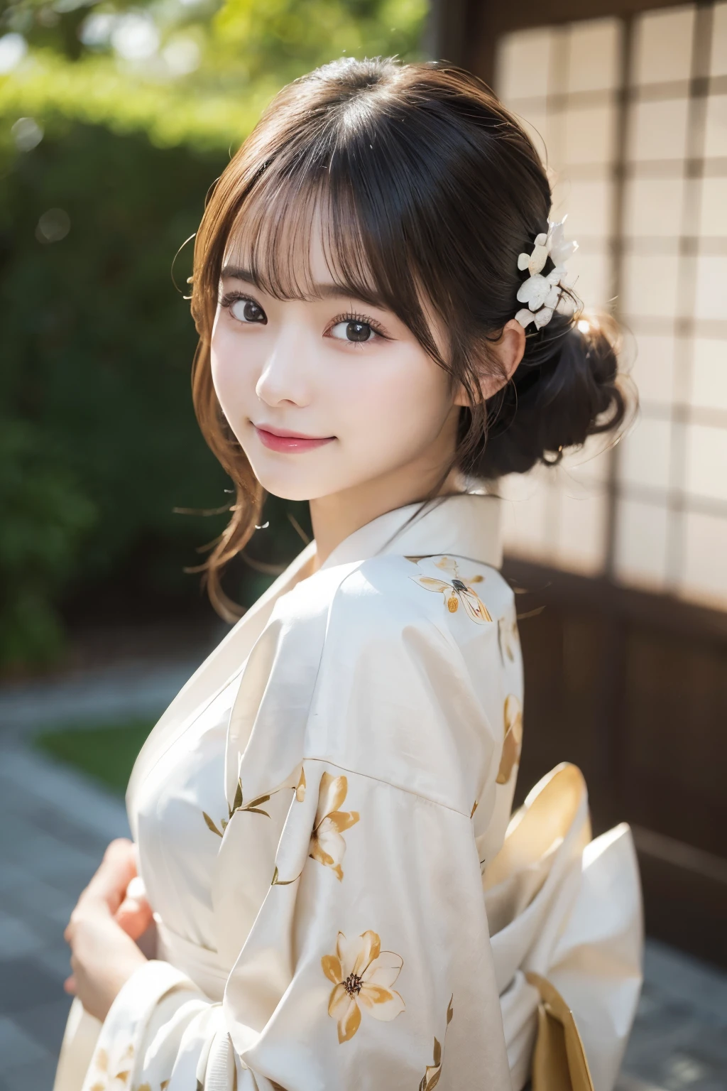（Wearing a kimono correctly）、(highest quality、8k、High resolution、masterpiece:1.2)、Very detailed、(Realistic、photoRealistic、photo-Realistic:1.3)、Bokeh、Smile、(Beautifully detailed eyes、beautiful girl、Young face、Detailed face、Childish look、No makeup)、Slightly backlit、Depth of written boundary、chromatic aberration、Use natural light and color、Wide range of lighting、Natural Shading、Caustics