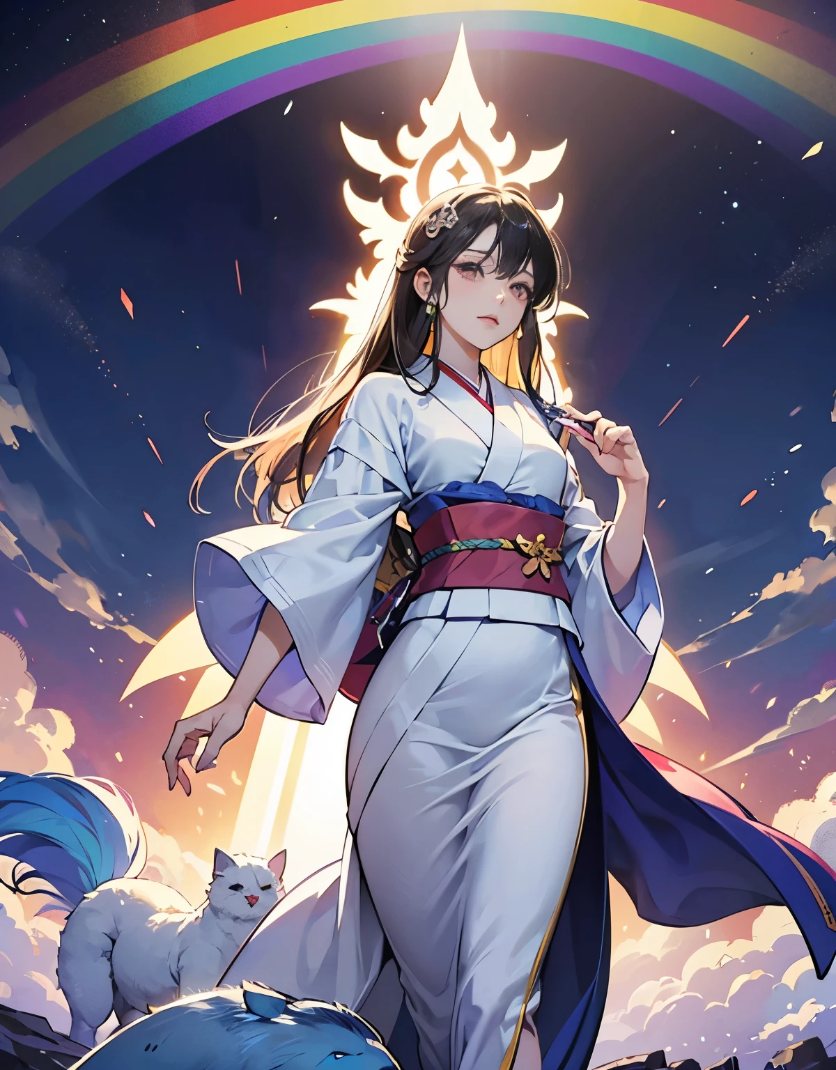 Scene 15: Guardian of the Rainbow Island
"As they approach the Rainbow Island, they are confronted by a mystical guardian. The guardian is a large, ethereal creature, glowing with rainbow colors. Mizuki, in her white dress, steps forward bravely, Taro, in his mechanic's outfit, stands ready, and Fuyuka, in her kimono, uses her magic to communicate with the creature. The scene is magical and awe-inspiring."