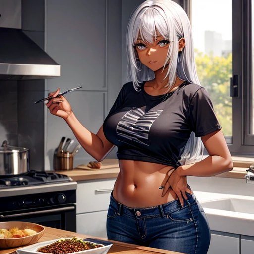 A woman with silver hair and dark skin, wearing a black Y-shirt and slim jeans, is making curry.　Belly button showing