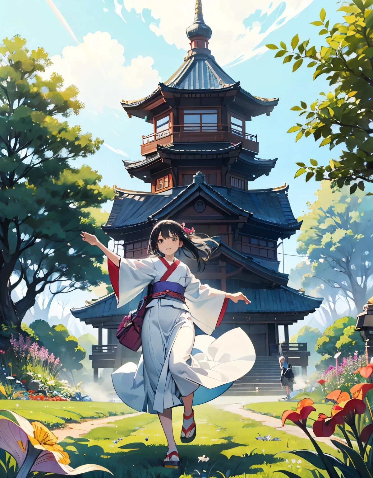Scene 16: Arrival at Rainbow Island
"Mizuki, Taro, and Fuyuka finally land on the Rainbow Island. The island is a paradise of vibrant colors, exotic plants, and magical creatures. Mizuki, in her white dress, runs joyfully through the fields, Taro, in his mechanic's outfit, takes in the sights with awe, and Fuyuka, in her kimono, looks serene and content. The scene is breathtaking and filled with wonder."