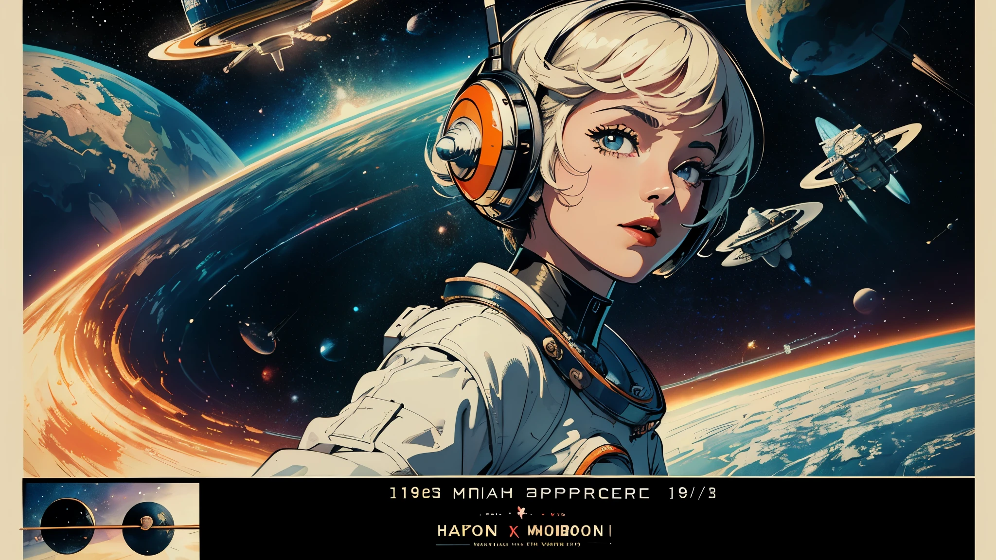 (masterpiece, highest quality), 8k wallpaper, very detailed, poster, vintage science fiction, 1960s,(((space thriller cinematic movie poster))), (bauhaus), shape,abstract, mid century modern, movie poster, vintage, Perfect Lady,anime,1970's,halftone,speech bubble