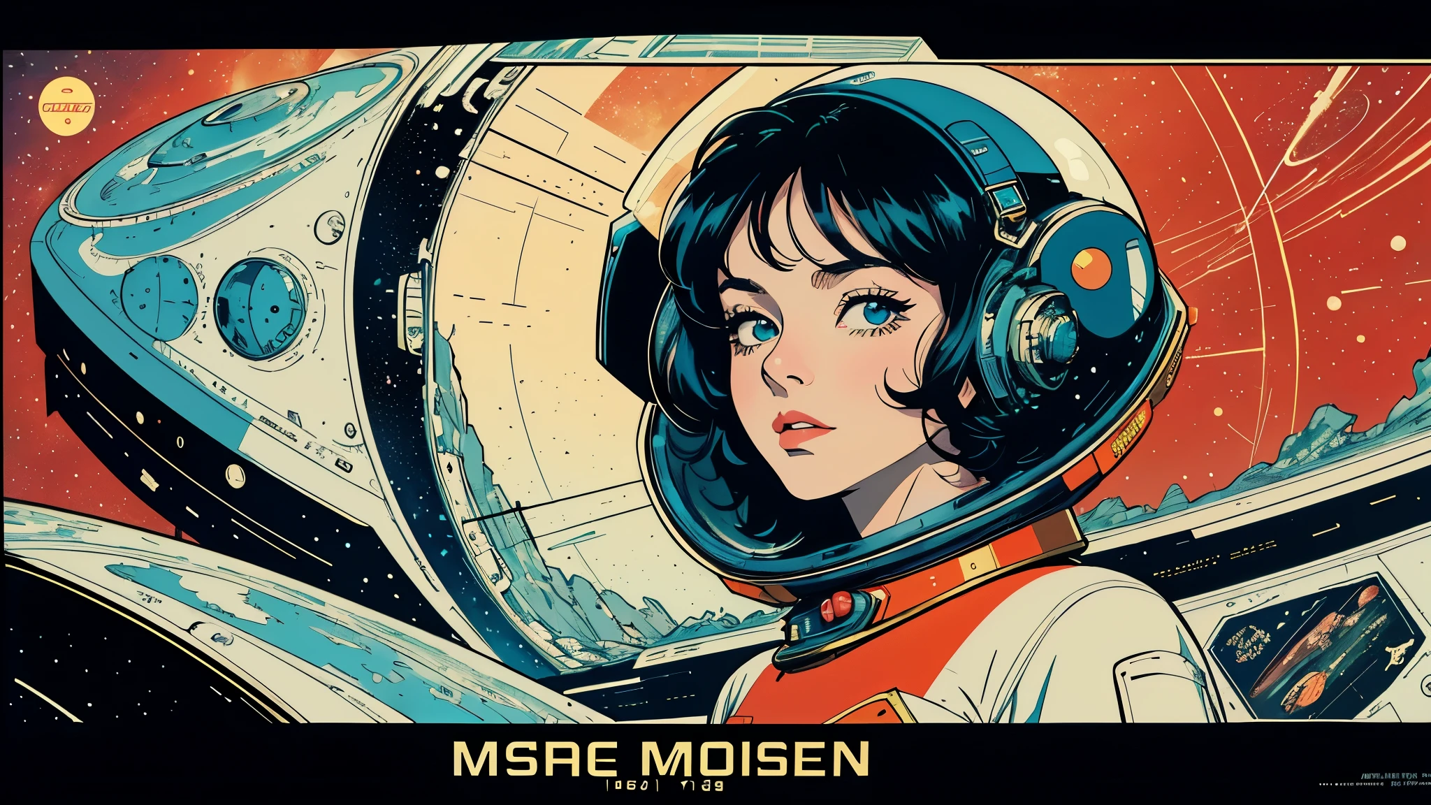 (masterpiece, highest quality), 8k wallpaper, very detailed, poster, vintage science fiction, 1960s,(((space thriller cinematic movie poster))), (bauhaus), shape,abstract, mid century modern, movie poster, vintage, Perfect Lady,anime,1970's,halftone,speech bubble