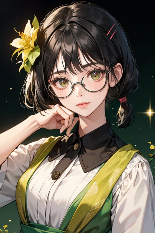 Nene has black hair in two pigtails; the hair on her left temple is in a bobcut, while that of her right temple is wild and pinned by a green flower hairclip. She wears a pair of glasses. SPARKLE; GLITTER