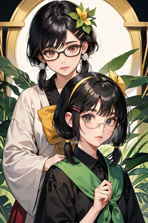 Nene has black hair in two pigtails; the hair on her left temple is in a bobcut, while that of her right temple is wild and pinned by a green flower hairclip. She wears a pair of glasses. SPARKLE; GLITTER