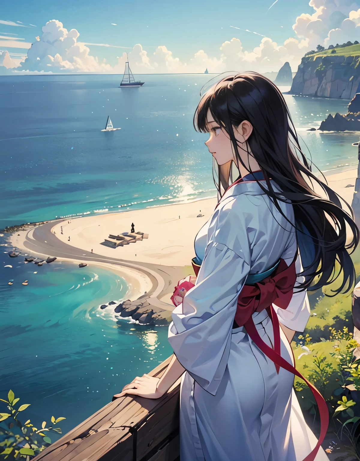 Scene 20: Epilogue and New Beginnings
"With Kogan defeated, peace returns to the Rainbow Island. Mizuki, in her white dress, stands at the edge of a cliff, looking out over the beautiful landscape. Taro, in his mechanic's outfit, works on improving their flying machine, and Fuyuka, in her kimono, tends to the island's magical creatures. The scene ends with a sense of hope and new adventures on the horizon."