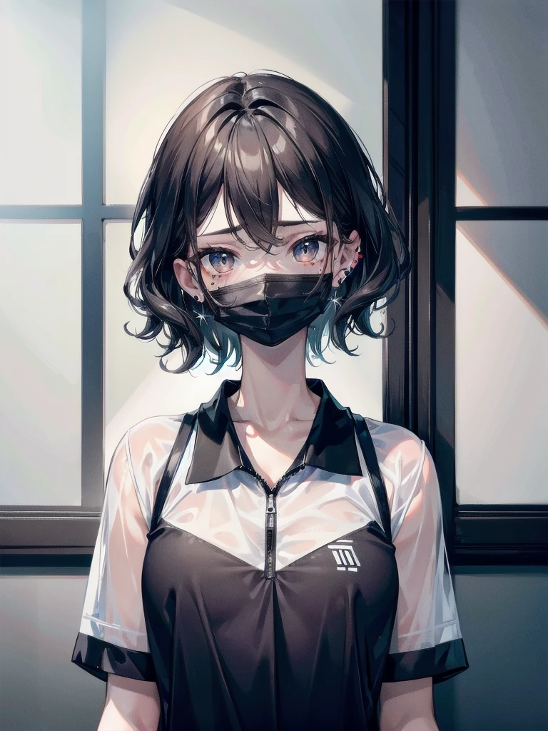 black Tennis uniform, absurdres, RAW photo, extremely delicate and beautiful, masterpiece, Best Quality, ultra high resolution, 32k, hyperrealistic, ultra-detailed, perfect figure, tearful mole, earring, whole body shot, short medium hair, wavy hair,