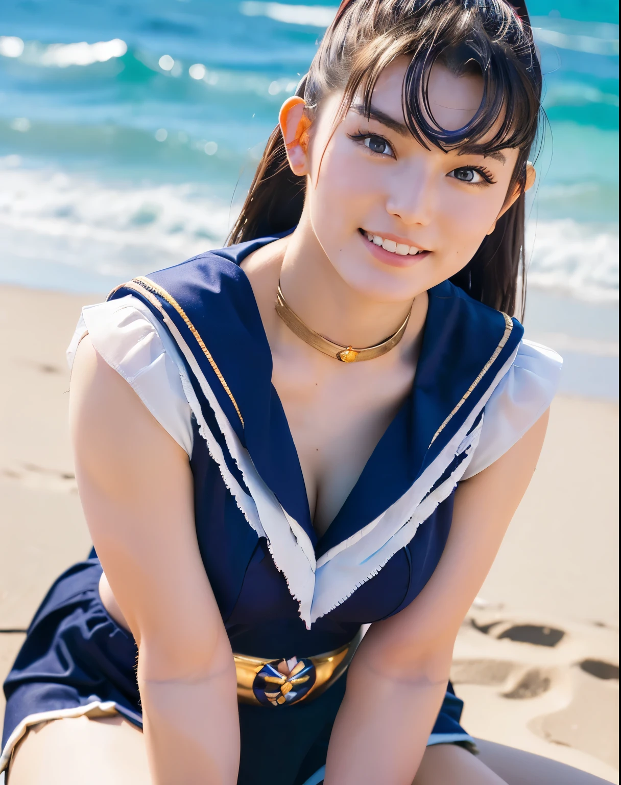 (highest quality:1.2),masterpiece,Ultra-high resolution photos,(Perfect beautiful face 1.2),(Perfect and beautiful posture:1.2),(Beauty, Female Barbarian:1.2), Thick muscular body, ponytail,Clear Eyes, (Wearing Sailor Moon costume: 1.2), On a date on the beach of a deserted island, Sharp Eye, Thick eyebrows, Beautiful full-body photos, nice smile