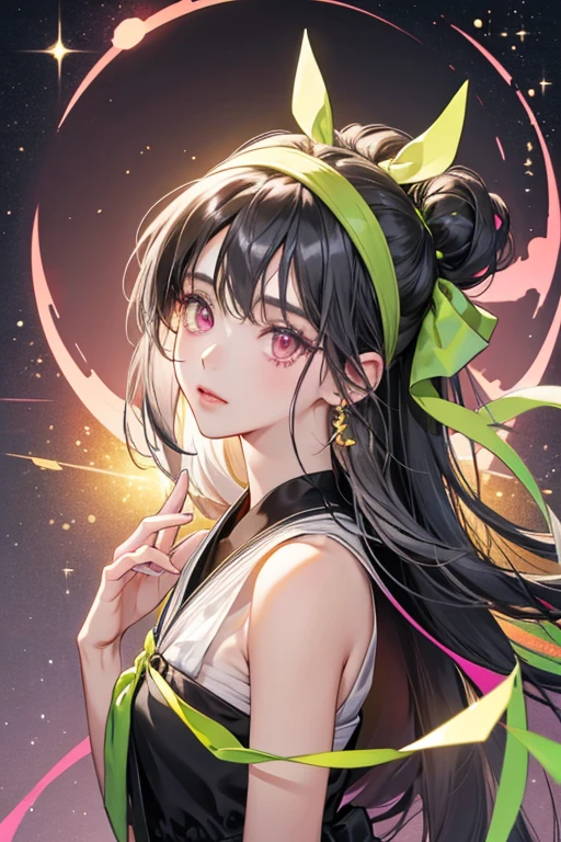 Nene has dark grey hair that reaches down to her mid-back. Her hair is held by a green ribbon headband. She also has dark pink eyes. SPARKLE; GLITTER