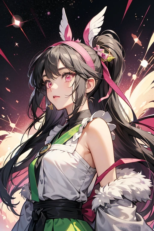 Nene has dark grey hair that reaches down to her mid-back. Her hair is held by a green ribbon headband. She also has dark pink eyes. SPARKLE; GLITTER