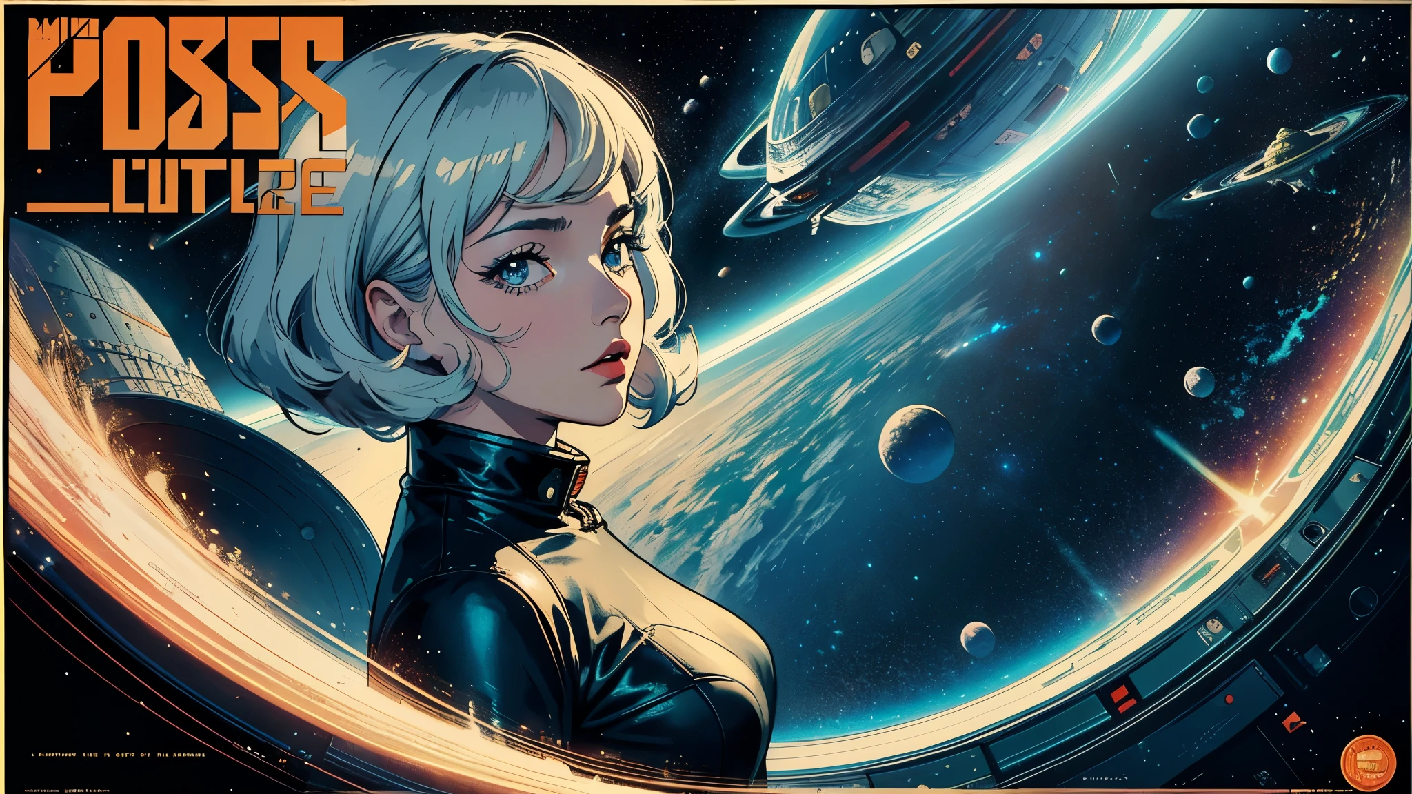 (masterpiece, highest quality), 8k wallpaper, very detailed, poster, vintage science fiction, 1960s,(((space thriller cinematic movie poster))), (bauhaus), shape,abstract, mid century modern, movie poster, vintage, Perfect Lady,anime,1970's,halftone,speech bubble
