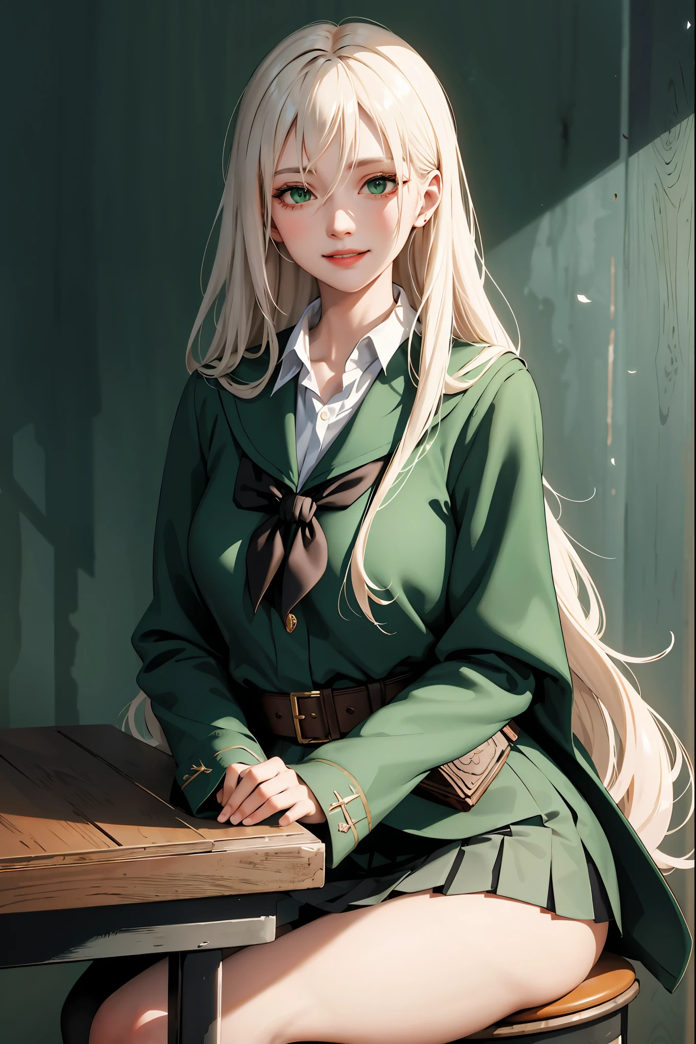 (masterpiece:1.2, best quality), (real picture, intricate details), 1lady, solo, upper body, showing legs, sitting down, school, school settings, long hair, minimal makeup, detailed face, smiling, really long platinum blonde hair, bangs, hair between eyes, green eyes, big plump breasts, big breasts, big tits, big ass, SFW, clothes, Slytherin, Slytherin clothes, Hogwarts, Hogwarts clothing, (school classroom), (face closeup)