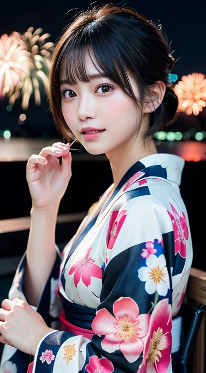 (8k、RAW Photosgraphy、highest quality、masterpiece:1.2)、(Realistic、Photorealistic:1.37)、Ultra-high resolution、One Girl、cute、solo、night、Sitting、date、(Nose redness)、(Laughter:1.1)、(Closed)、huge 、Beautiful Eyes、(short hair:1.2)、(((Fireworks bursting into the sky、night)))、(((kimono、yukata)))、Cleavage、Perfect body、Perfect Fingers、Professional Lighting、Japanese Goddess、gravure、Detailed face and skin texture、Detailed eyes、RAW Photos