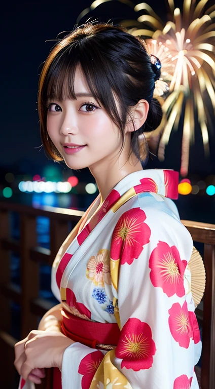 (8k、RAW Photosgraphy、highest quality、masterpiece:1.2)、(Realistic、Photorealistic:1.37)、Ultra-high resolution、One Girl、cute、solo、night、Sitting、date、(Nose redness)、(Laughter:1.1)、(Closed)、huge 、Beautiful Eyes、(short hair:1.2)、(((Fireworks bursting into the sky、night)))、(((kimono、yukata)))、Cleavage、Perfect body、Perfect Fingers、Professional Lighting、Japanese Goddess、gravure、Detailed face and skin texture、Detailed eyes、RAW Photos